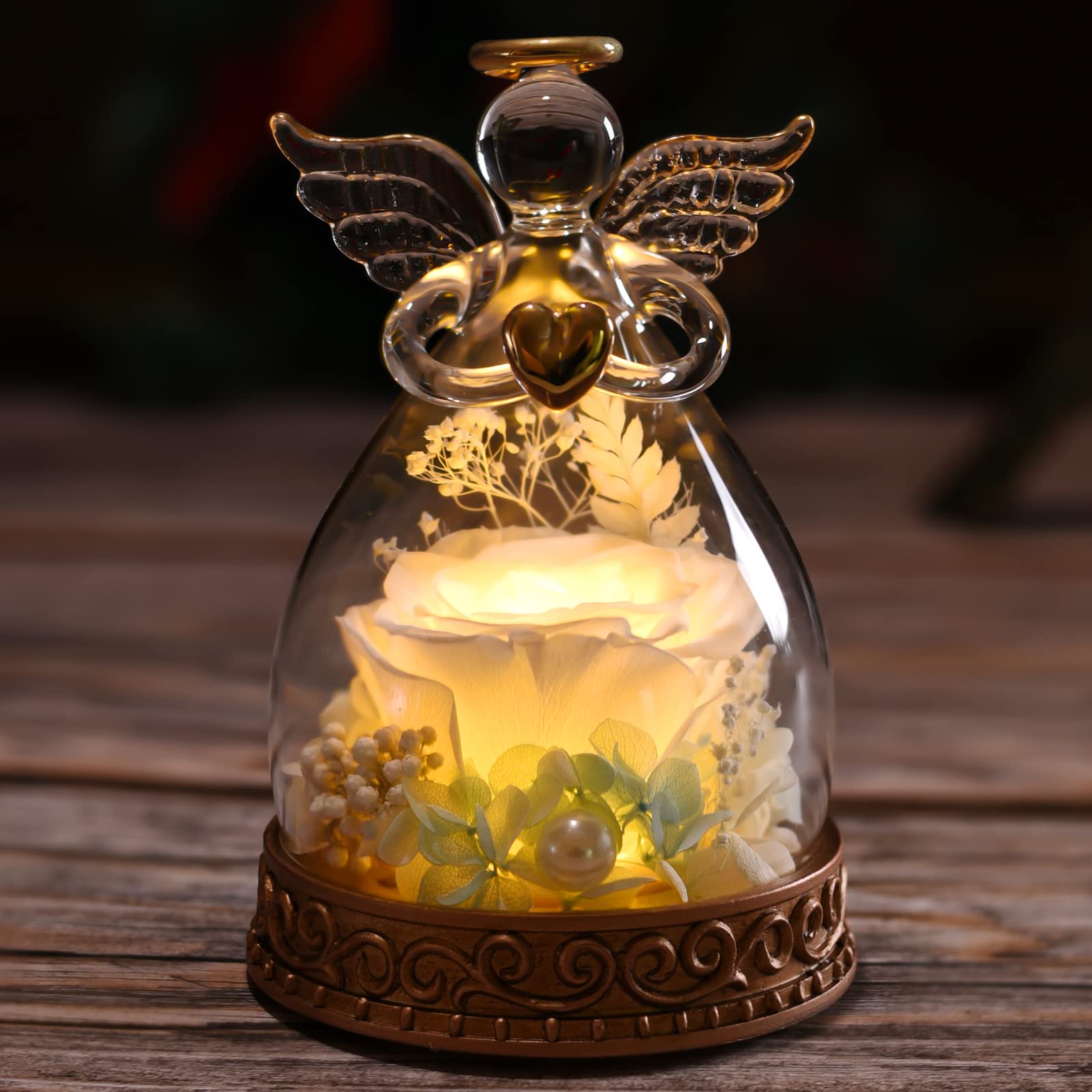 Real Preserved Rose in Glass Angel Figurine with LED Light - Romantic Angel Gift for Women, Mom, Wife, Grandma - Perfect for Mother's Day, Christmas, Birthday, Anniversary - Home Decor & Special Occasion Gift (White)