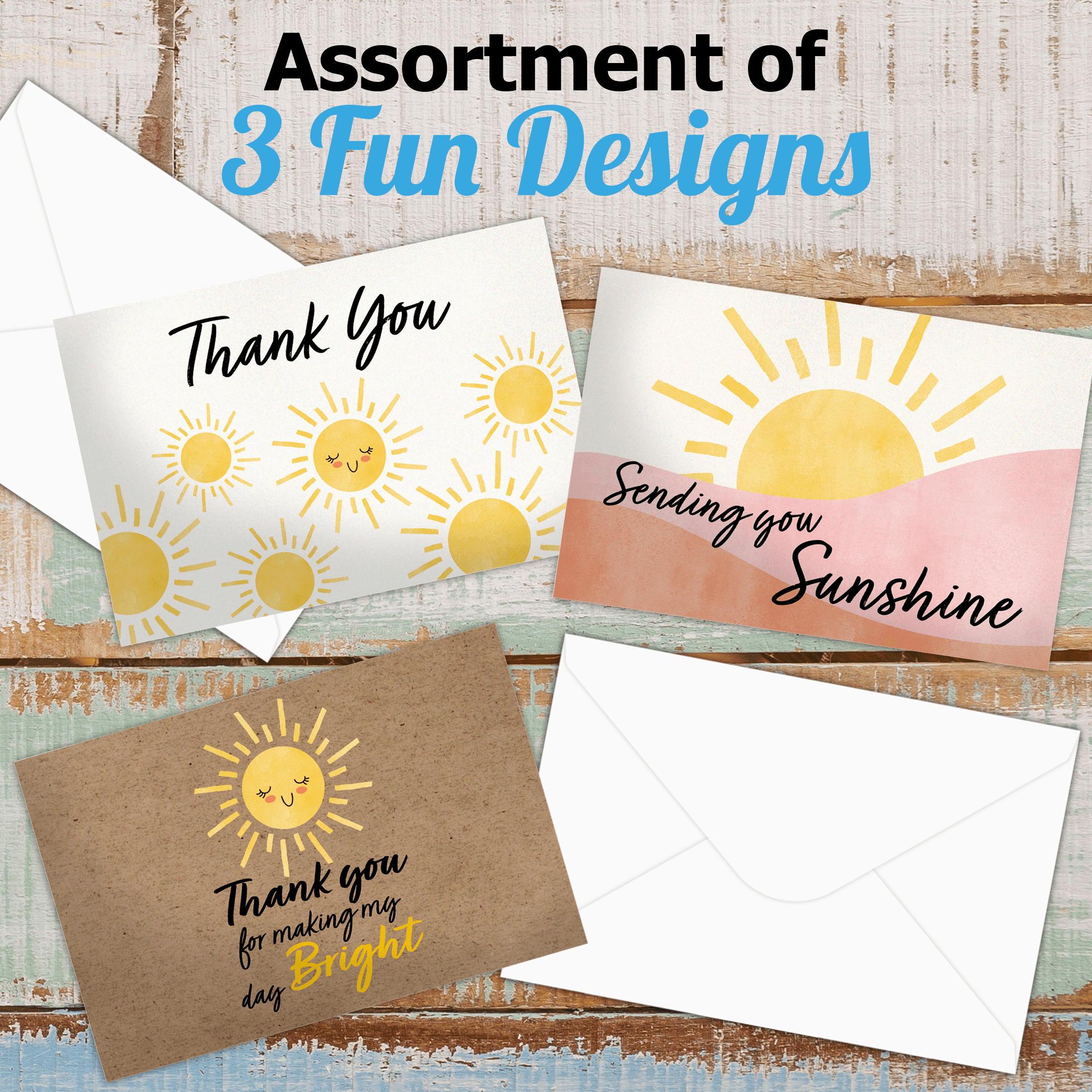 Sunshine Thank You Cards with Envelopes - Bulk Pack of 50 Blank Greeting Cards for Birthday, Wedding, Graduation & Appreciation - Perfect for Office, School & Personal Use