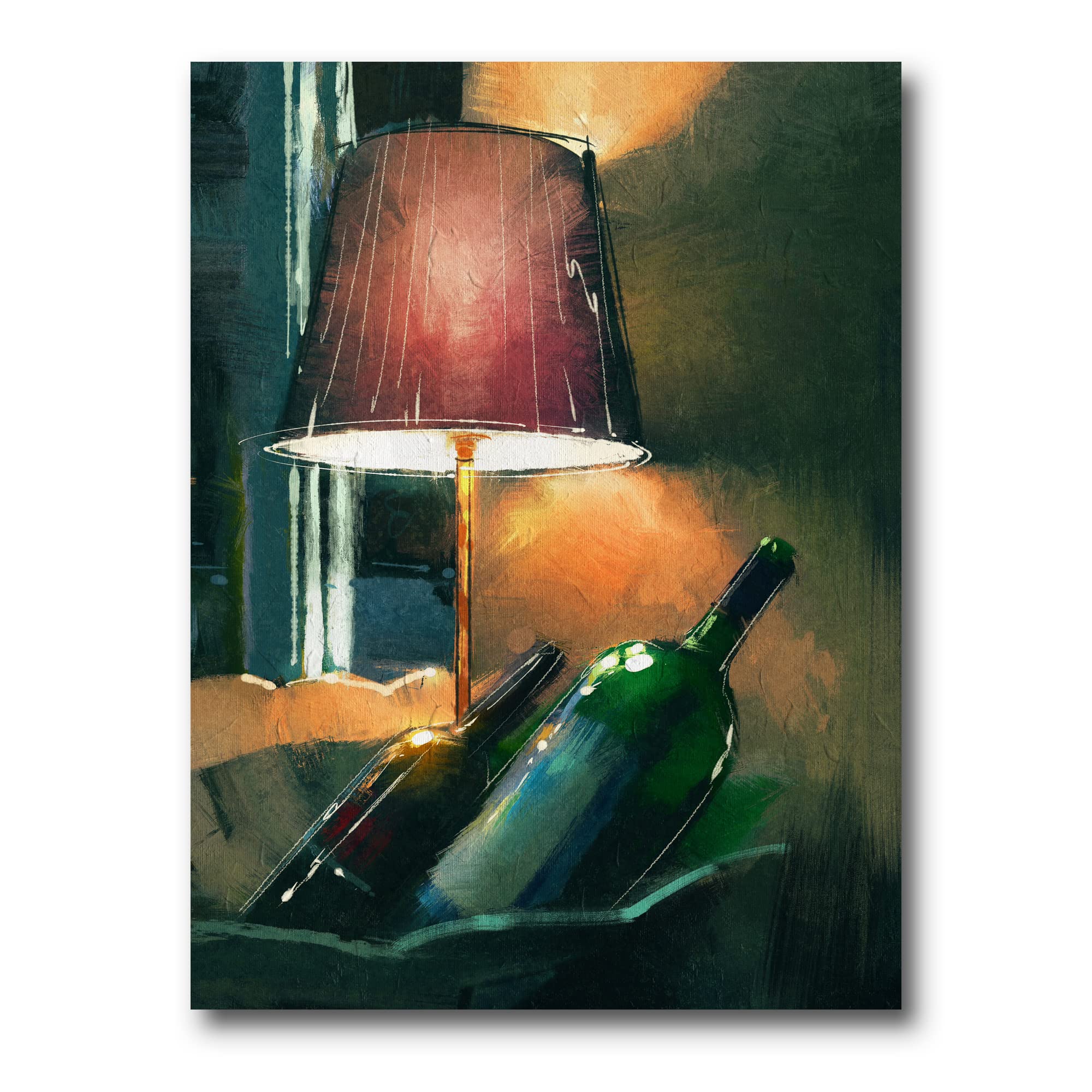 DesignQ Glowing Orange Wine Bottles & Lamp Modern Canvas Wall Art - Nighttime Home Decor for Living Room, Bedroom & Bar