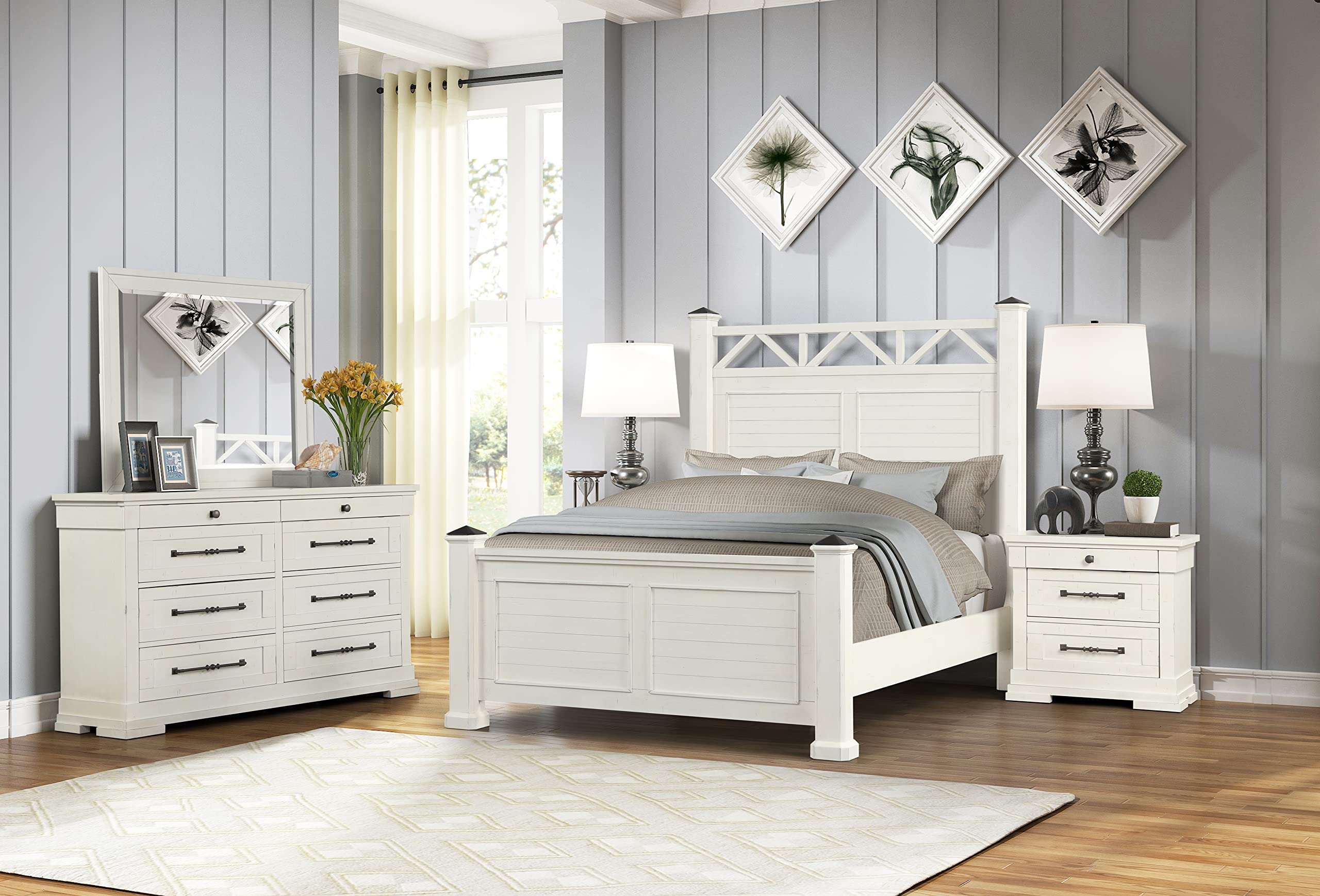 Roundhill Furniture Laria Wood Panel Bed Set with Dresser, Mirror & Nightstands - Queen Size Antique White Finish | Classic Bedroom Furniture for Master Suite & Guest Room