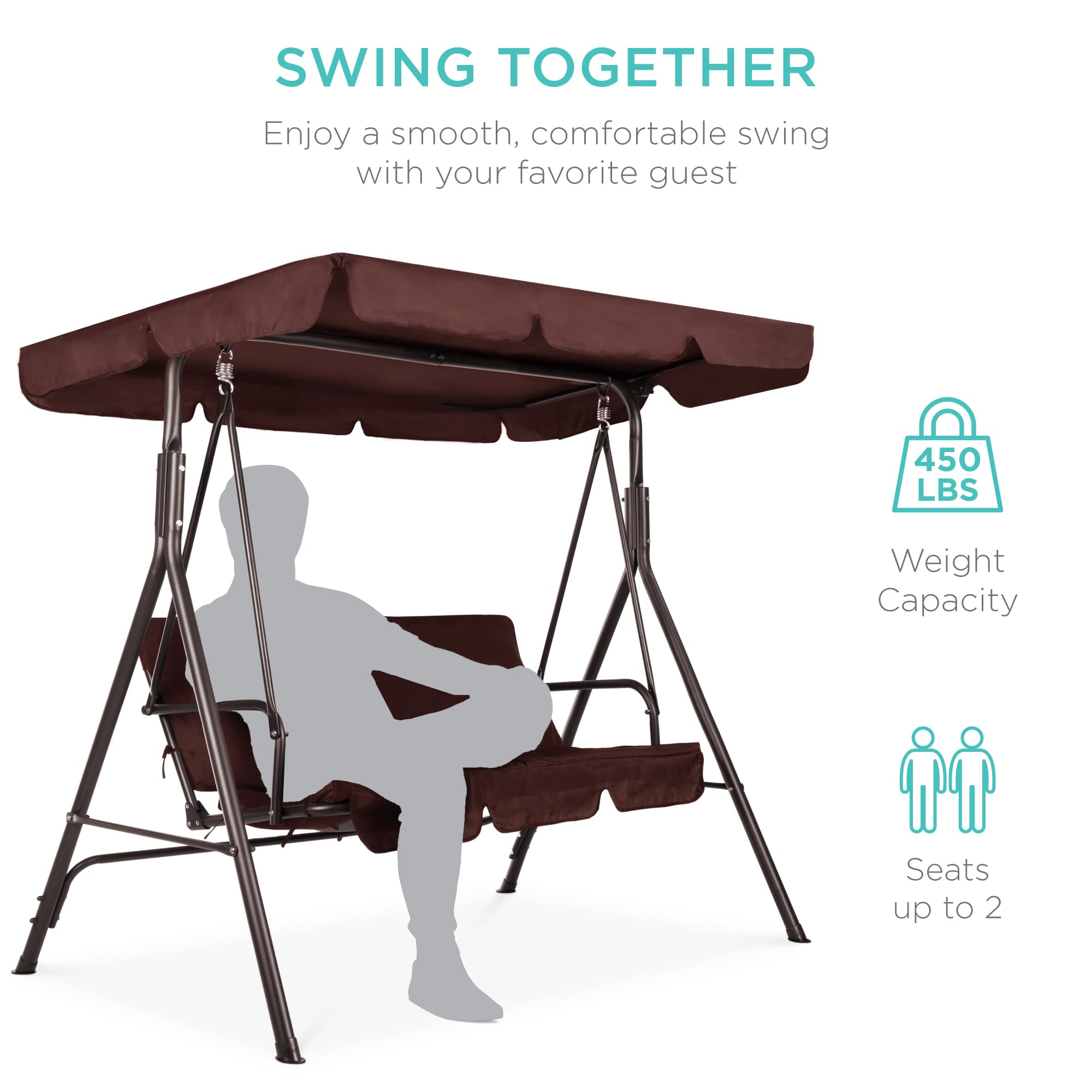 Best Choice Products 2-Person Outdoor Patio Swing Chair with Convertible Canopy - Hanging Glider Porch Bench for Garden, Backyard, Poolside - Adjustable Shade & Removable Cushions - Brown - Perfect for Relaxing, Lounging and Outdoor Entertaining