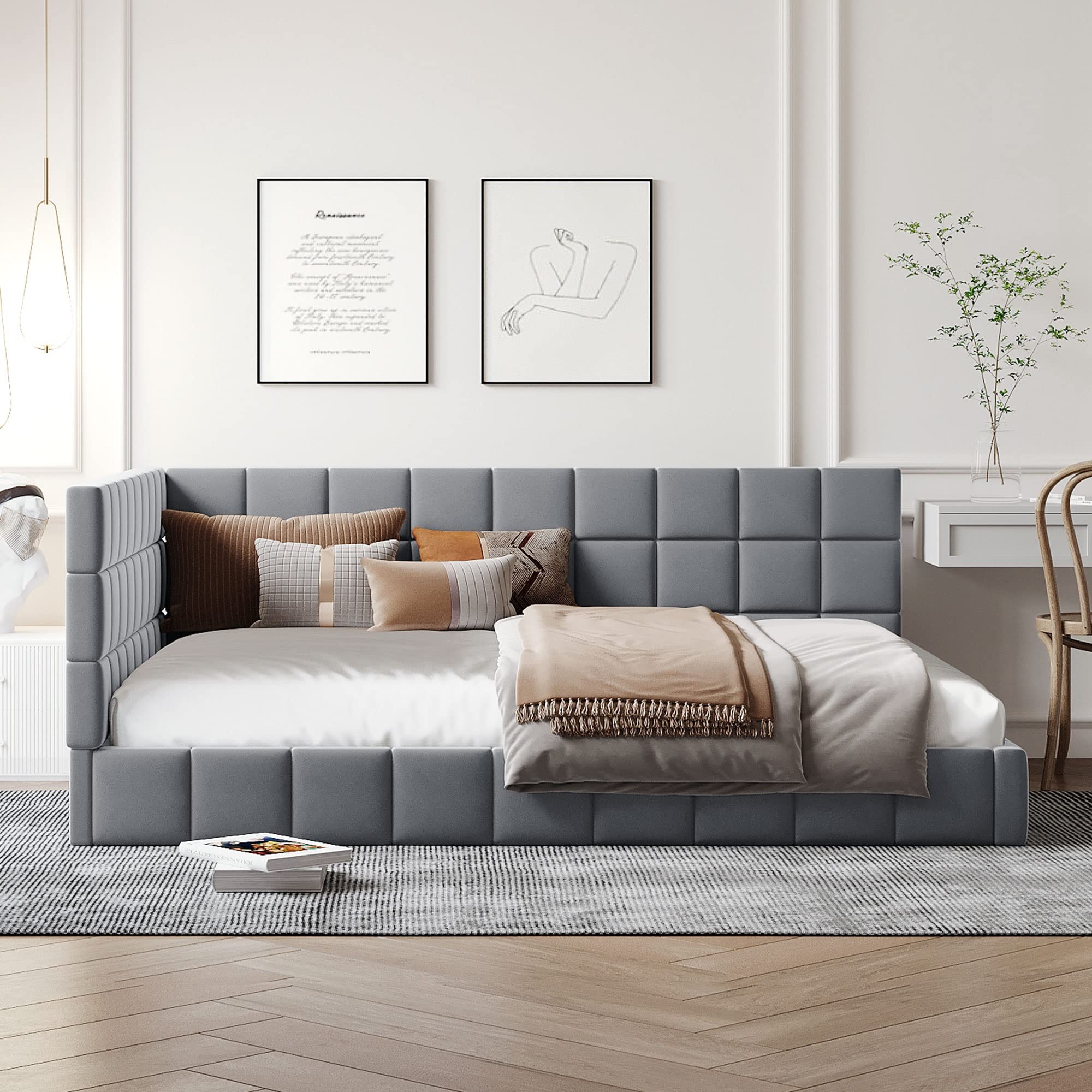 Grounded Daybed Upholstered Sofa Bed with Lattice Design - Full Size Wooden Frame Convertible Sleeper for Living Room, Guest Room & Bedroom - Soft Velvet Fabric in Gray (Kids & Adults Friendly)