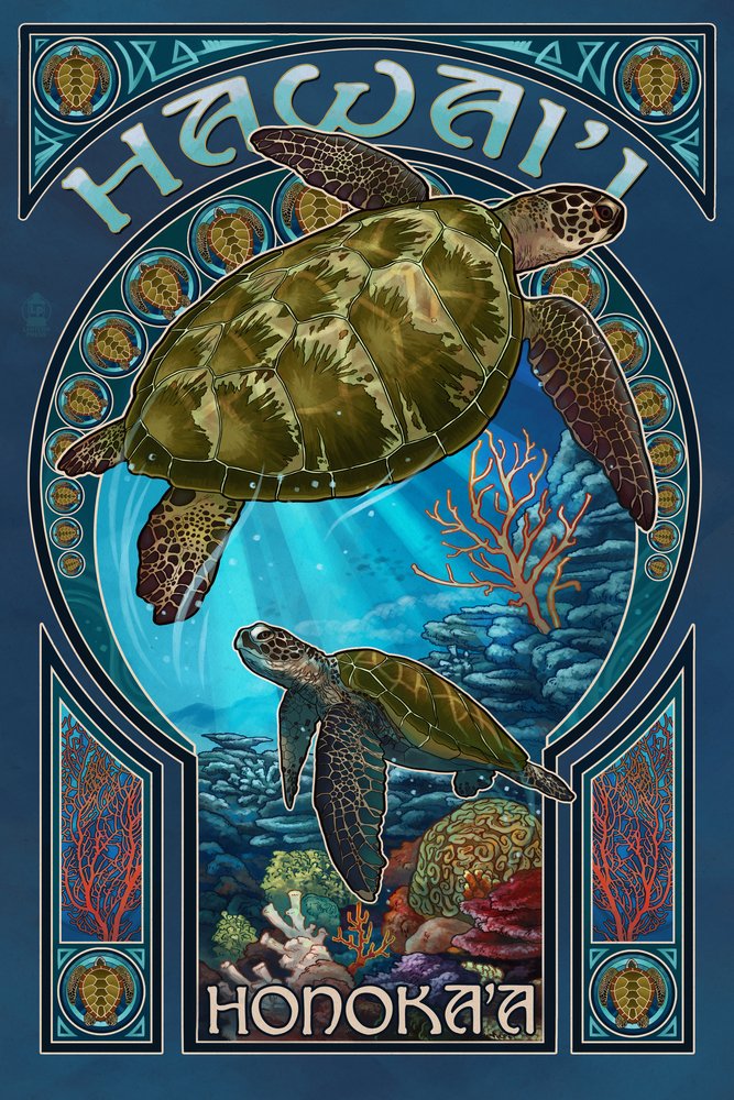 Honoka'a Hawaii Sea Turtle Art Nouveau 50392 - 24x36 Signed Master Art Print, Wall Decor Poster for Living Room, Bedroom & Office