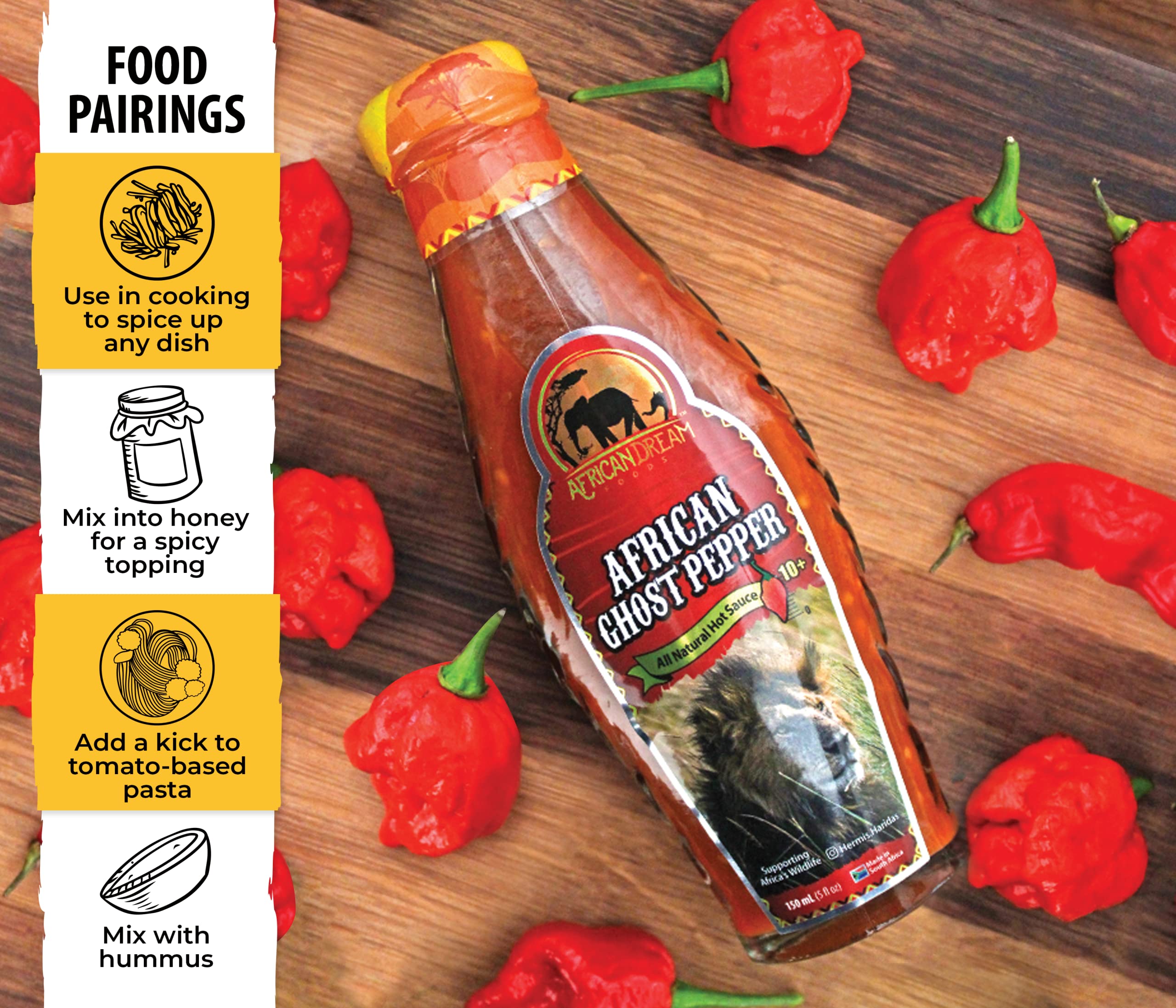 African Ghost Pepper Hot Sauce by African Dream Foods - Extremely Spicy Vegan & Non-GMO Sauce (5 fl oz Glass Bottle) - Perfect for Wings, Tacos, Chili & Cooking