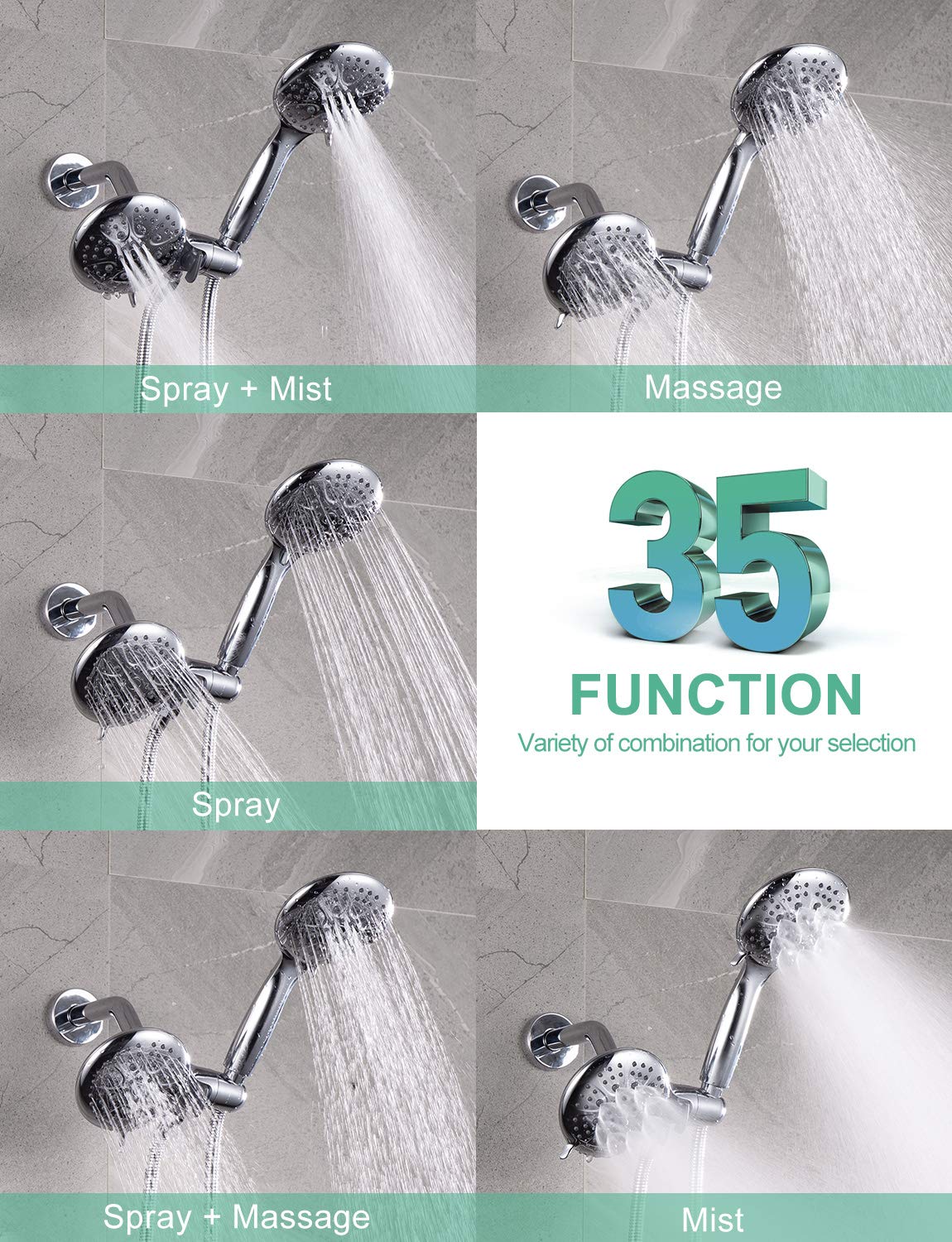 SR SUN RISE 35-Function High Pressure Shower System with Rain Shower Head & Tub Spout - 2-in-1 Dual Shower Combo Faucet Set with 3-Way Diverter Valve - Polished Chrome Finish for Bathroom & Spa Relaxation