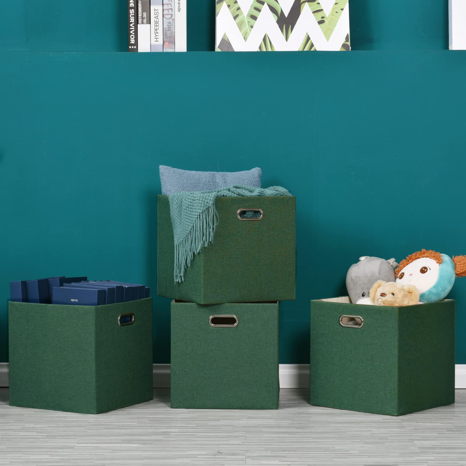 Foldable Cube Storage Bins 13×13 Inch - Set of 4 Collapsible Fabric Organizer Boxes with Handles, Large Capacity Closet Shelf Cabinet Drawer Organizers for Bedroom, Office, Nursery - Grass Green Home Organization Solution