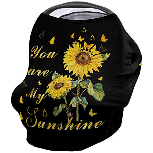 Sunflower Baby Car Seat Cover - Nursing Cover & Breastfeeding Scarf Shawl - Infant Car Seat Canopy - Stretchy Soft Breathable Multi-Use Cover - Yellow Flowers & Butterflies Design - Perfect for Car Travel, Nursing Privacy & Stroller Shade