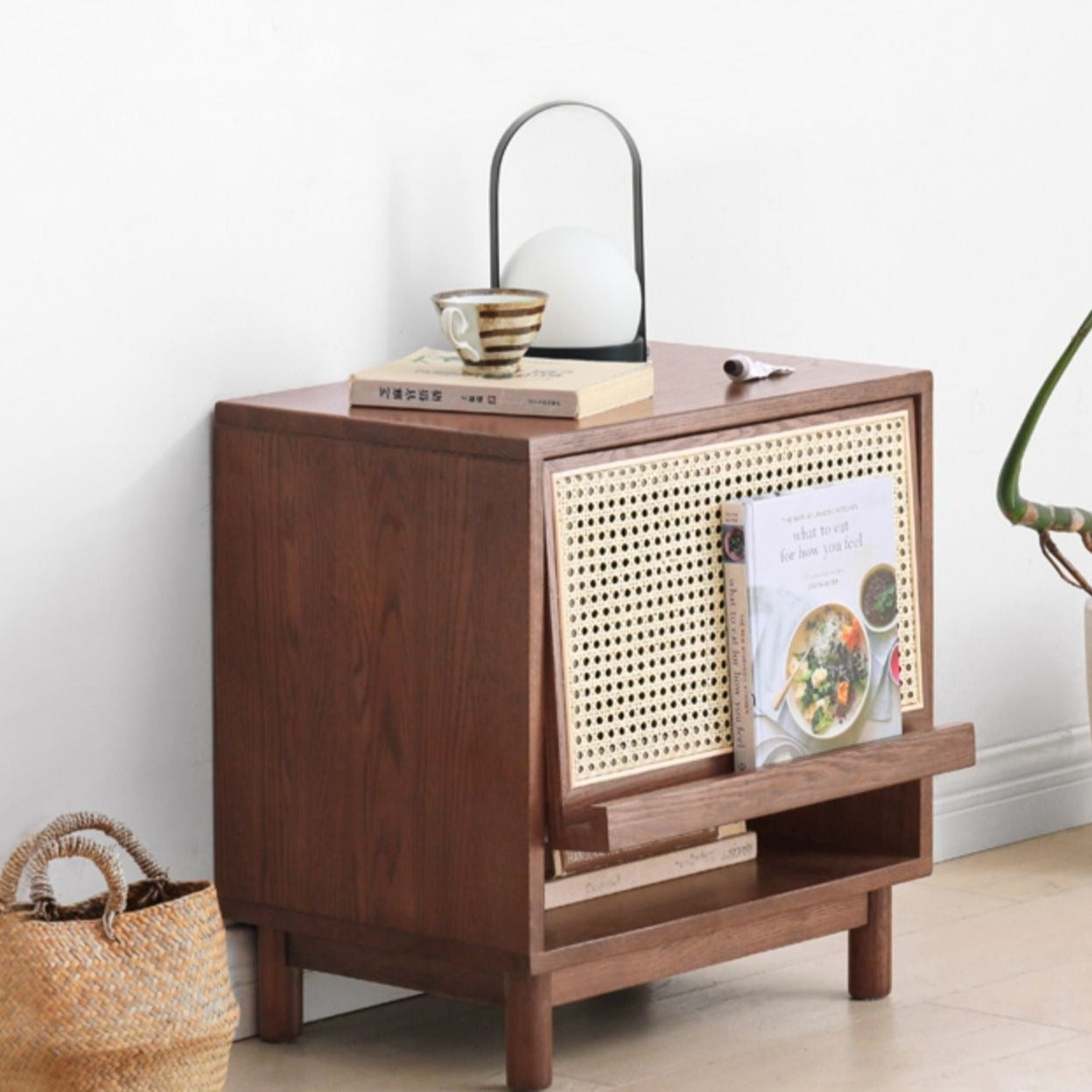 Solid Oak Wood Rattan Magazine Storage Cabinet - Stylish Organizer for Living Room, Bedroom, or Office Décor
