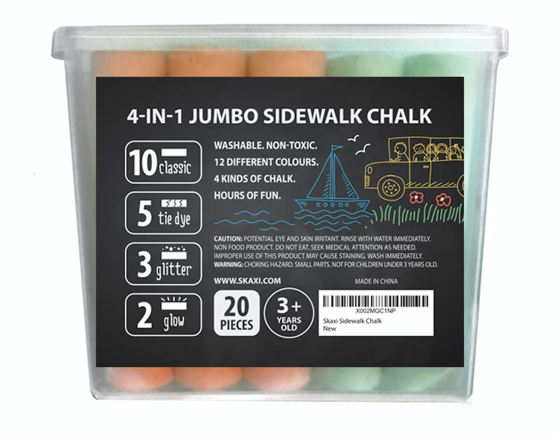 4-in-1 Jumbo Sidewalk Chalk Set - 20 Count Washable Non-Toxic Chalk (Classic, Tie Dye, Glitter & Glow) for Kids Outdoor Art & Play - Perfect for Driveway Drawing, Birthday Parties & Summer Activities