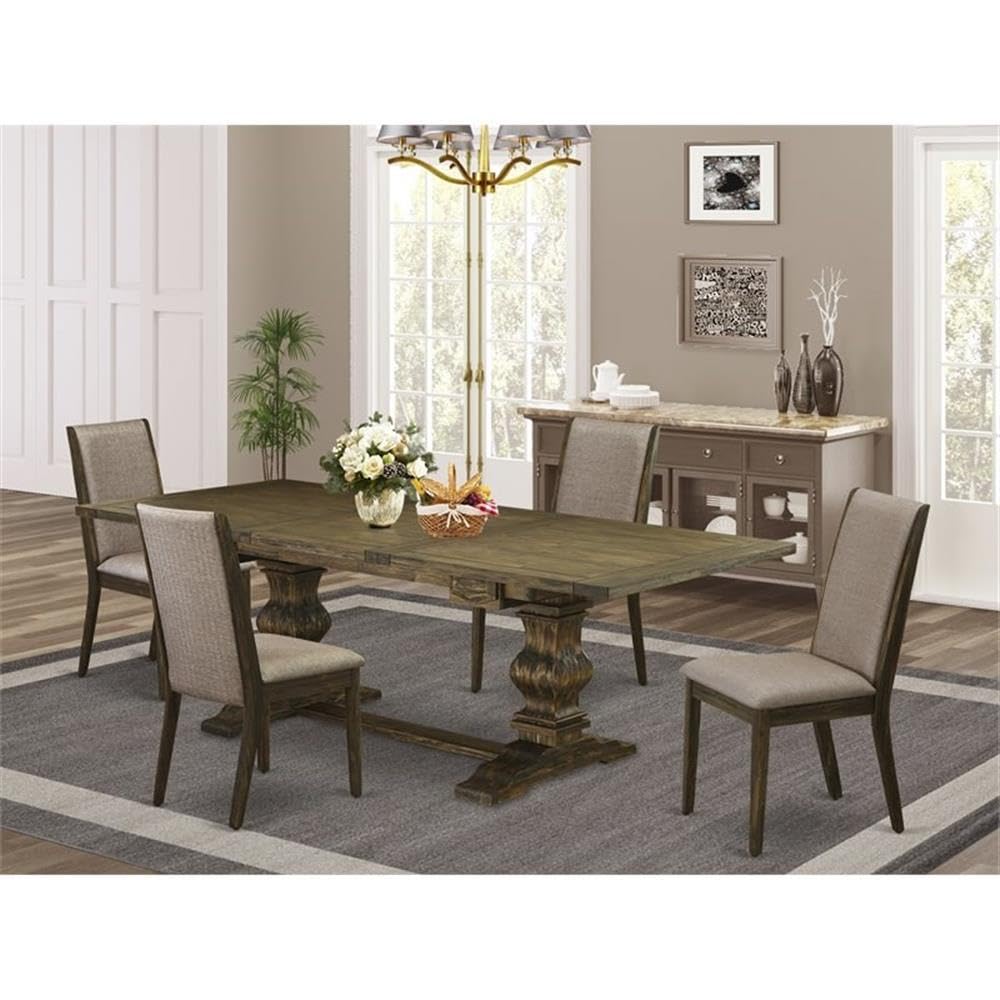 East West Furniture 5-Piece Dining Room Set with Rectangle Table & 4 Parsons Chairs - Removable Leaf, Dark Khaki Linen Fabric, Jacobean Finish (42x92 Inch) - Perfect for Family Meals, Dinner Parties & Kitchen Dining Areas