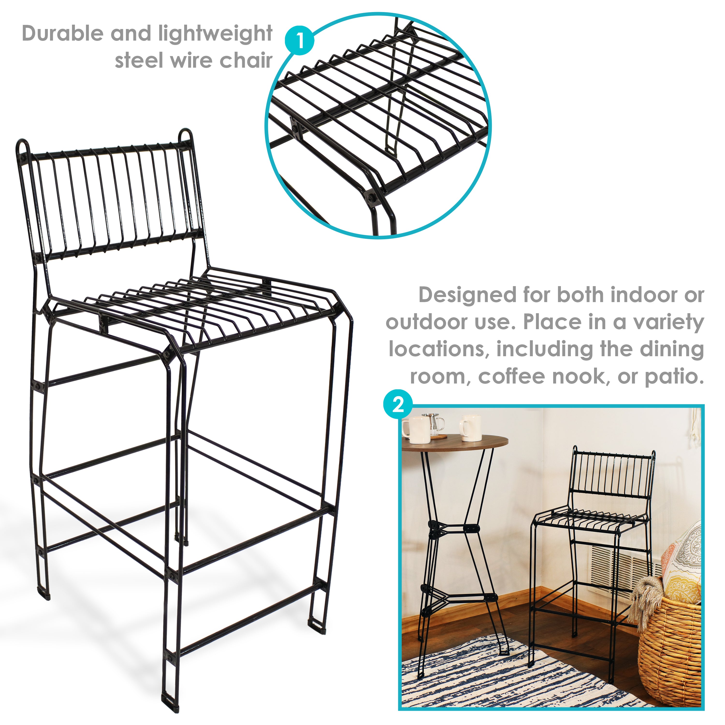 Modern Black Metal Wire Bar Stool for Outdoor & Indoor Use - Patio, Poolside, Garden, or Kitchen Counter Height Seating