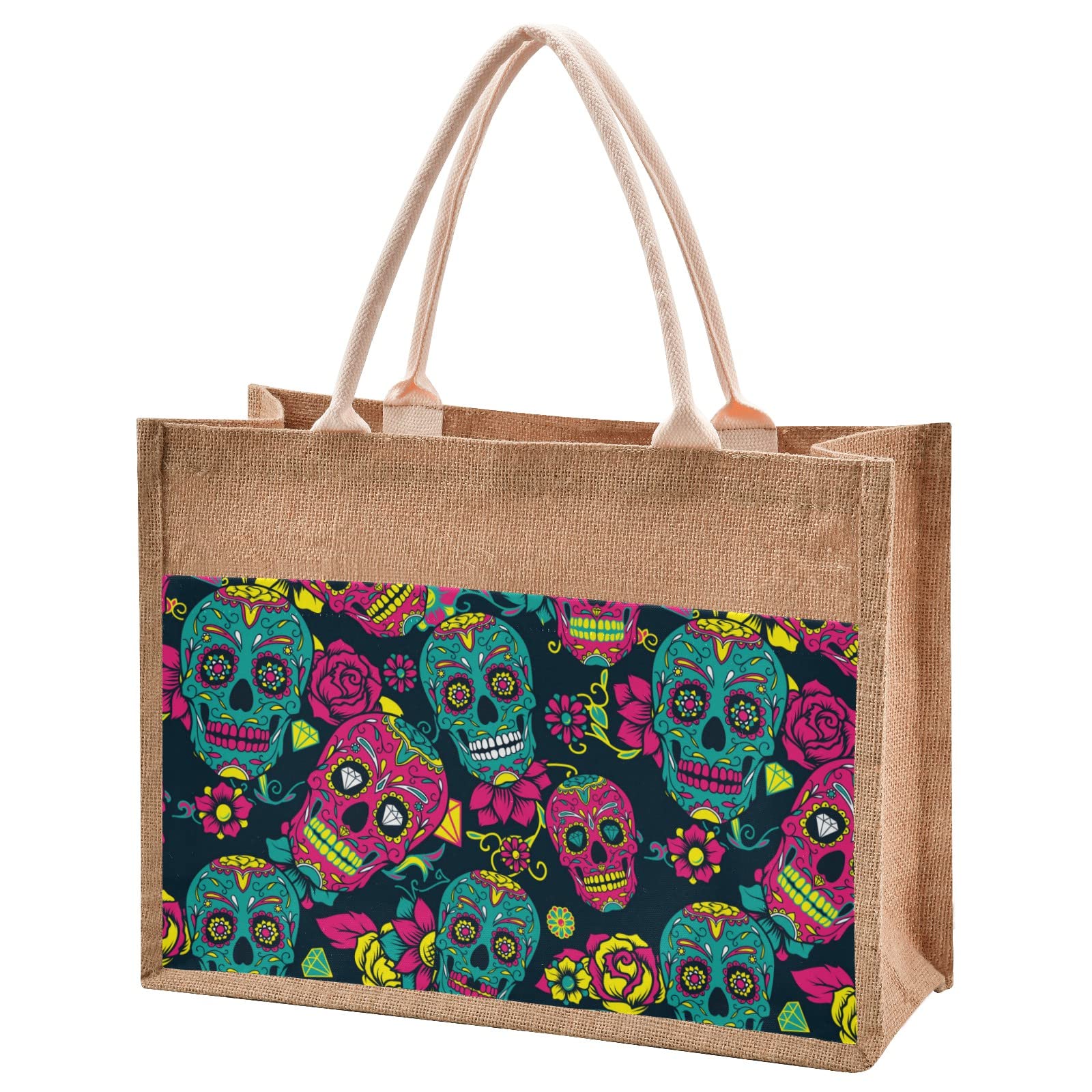 Floral Sugar Skulls Day of The Dead Jute Tote Bags - Eco-Friendly Reusable Burlap Straw Bag for Beach, Shopping & Groceries - Perfect Wedding Gift & Festival Accessory (Use for Farmers Market, Picnics & Boho Style Outfits)