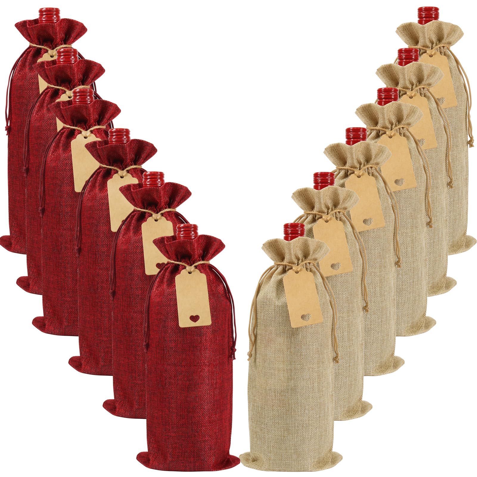 Shintop 12-Piece Reusable Burlap Wine Gift Bags with Drawstring - Eco-Friendly Christmas, Wedding, Birthday & Blind Tasting Bottle Bags (Brown & Red) - Perfect for Holiday Gifting, Party Favors & Wine Tasting Events
