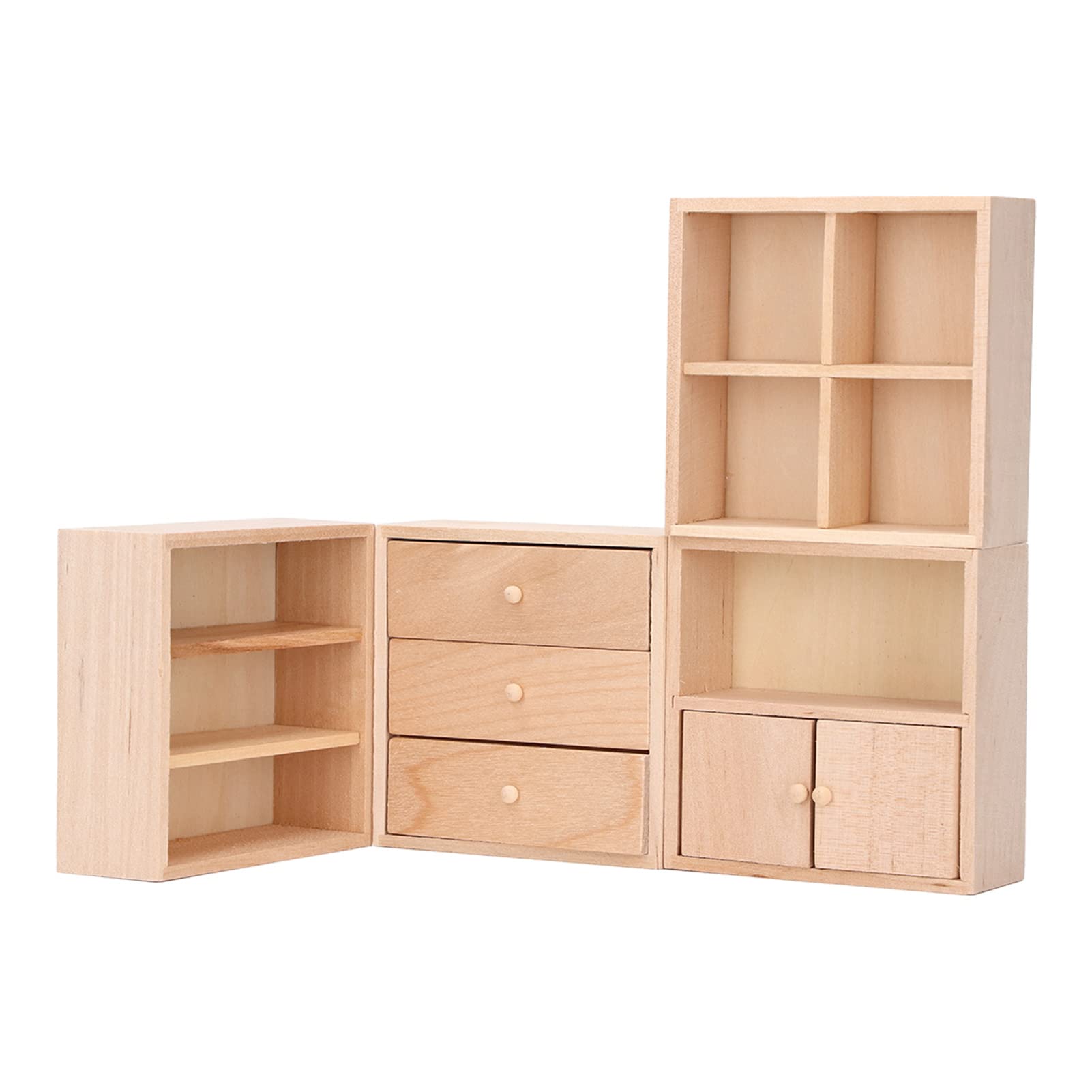 1/12 Scale Miniature Wooden Dollhouse Cabinet Set - 4 Pcs Dollhouse Furniture with Shelves for DIY Dollhouse Decor & Miniature Room Scenes
