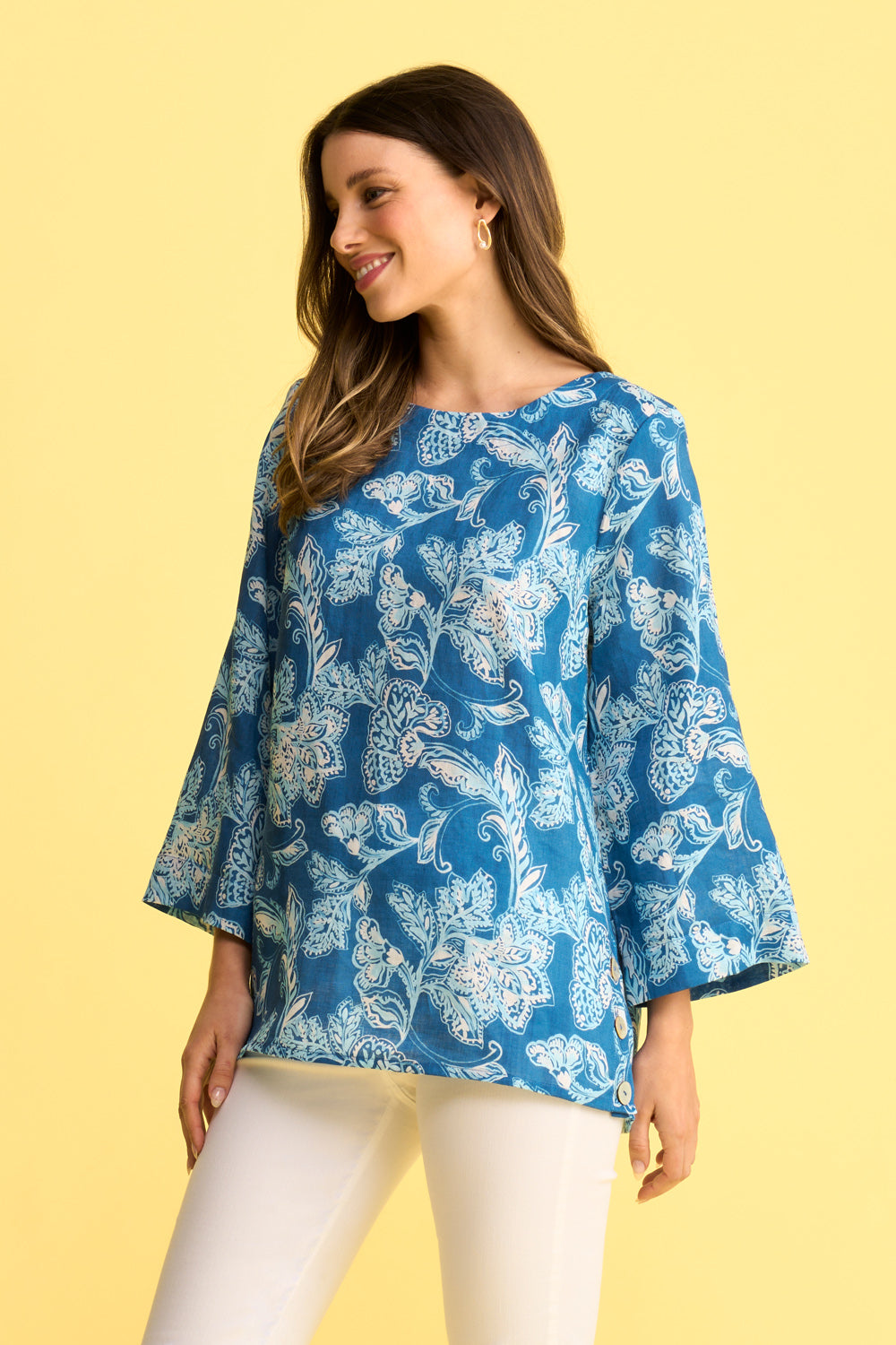 French Linen Button Detail Top - Blue Print Women's Casual Blouse for Summer, Office & Date Night Outfits