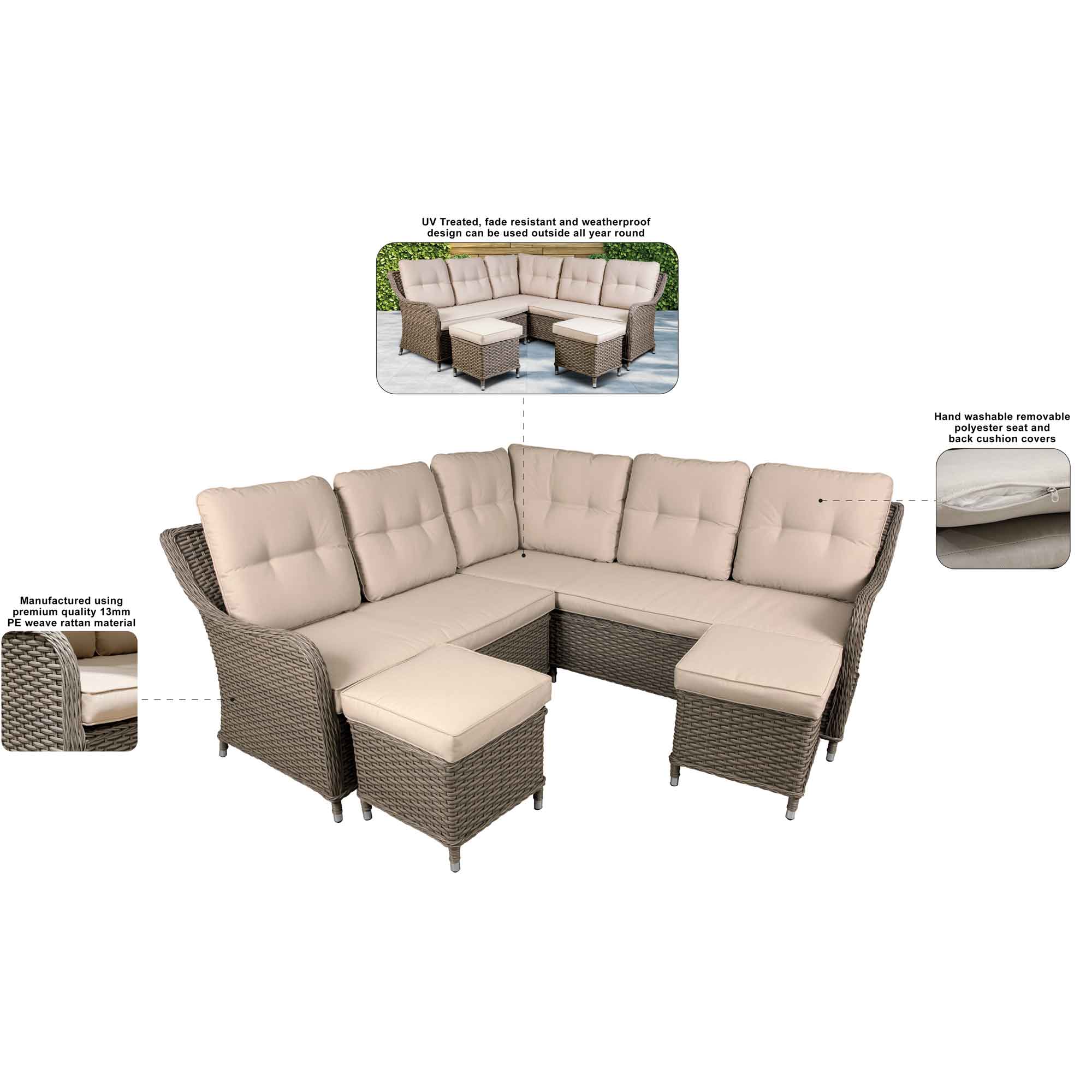 Premium Chester Rattan Wicker 5-Piece Outdoor Corner Sofa Set - Weather-Resistant Brown Patio Furniture (DG72) | Perfect for Backyard, Poolside & Garden Relaxation