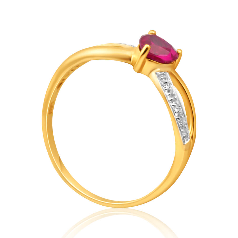 9ct Yellow Gold Heart-Shaped Created Ruby and Diamond Ring for Women - Elegant Jewelry Gift for Valentine's Day, Anniversary or Special Occasions