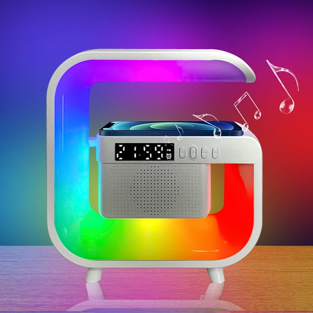 iFutniew Wireless Charger Stand with Bluetooth 5.0 Speaker, FM Radio, TF Card Slot, RGB Night Light - Fast Charging Station for iPhone & Android Smartphones - Perfect for Bedroom, Office & Travel