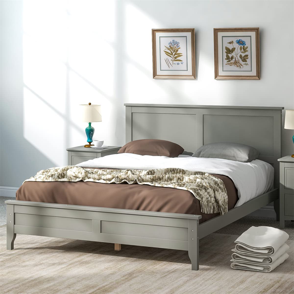 TRIPLE TREE Solid Wood Full Size Platform Bed Frame with Headboard & Footboard - Modern Design, No Box Spring Needed - Sturdy Slat Support for Teens & Adults - Gray - Perfect for Bedrooms, Guest Rooms & Dormitories