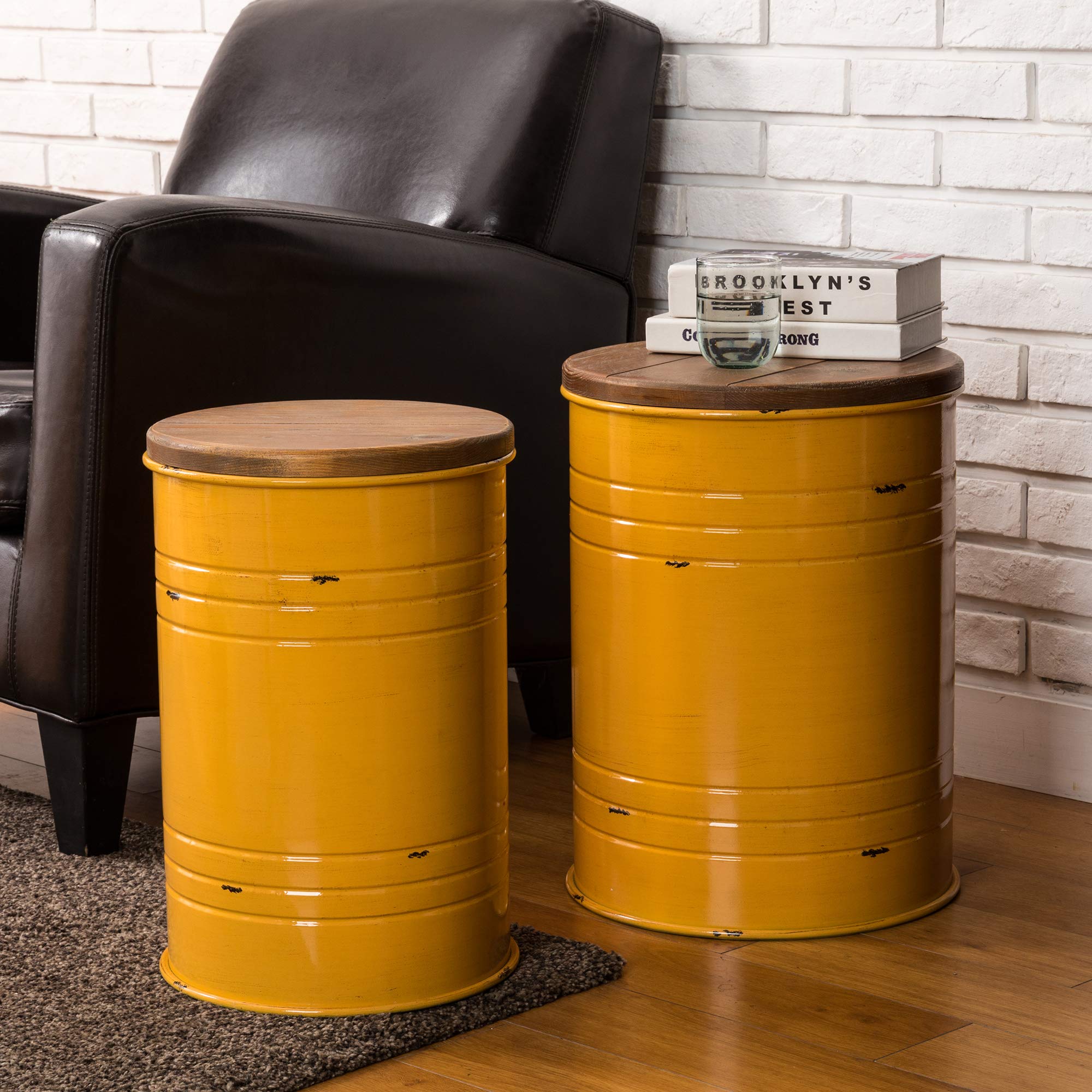 Glitzhome 2-Piece Farmhouse Nesting Tables with Storage Lids - Rustic Metal Barrel Side End Tables for Living Room, Bedroom, Office - Yellow Accent Stools | Perfect for Small Spaces, Coffee Table Alternatives & Home Decor