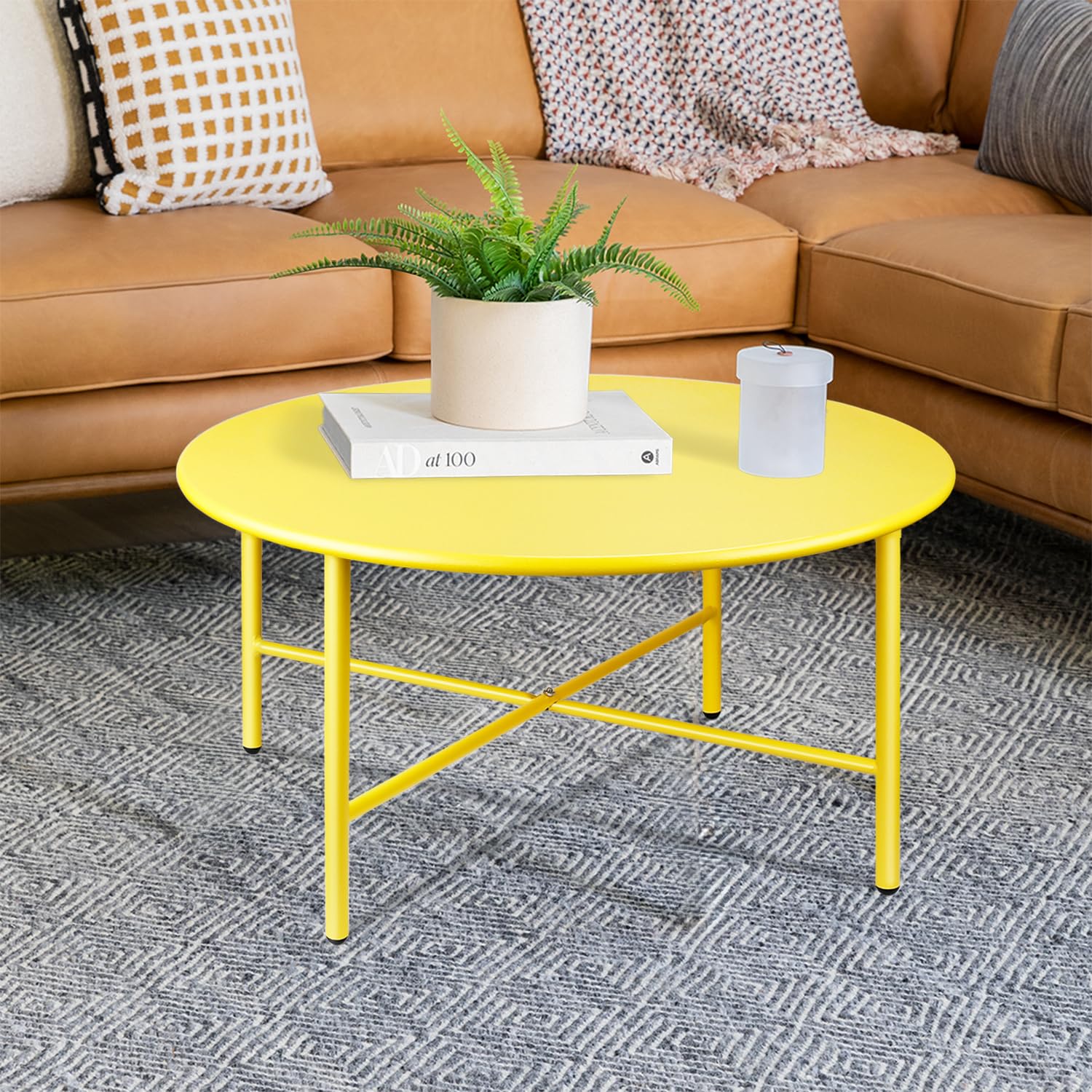 **Weather-Resistant Round Steel Patio Coffee Table - Indoor & Outdoor Use, Anti-Rust & Waterproof Large Side Table for Garden, Living Room, Bedroom, Balcony (Yellow) - Perfect for Relaxing, Entertaining & Outdoor Dining**