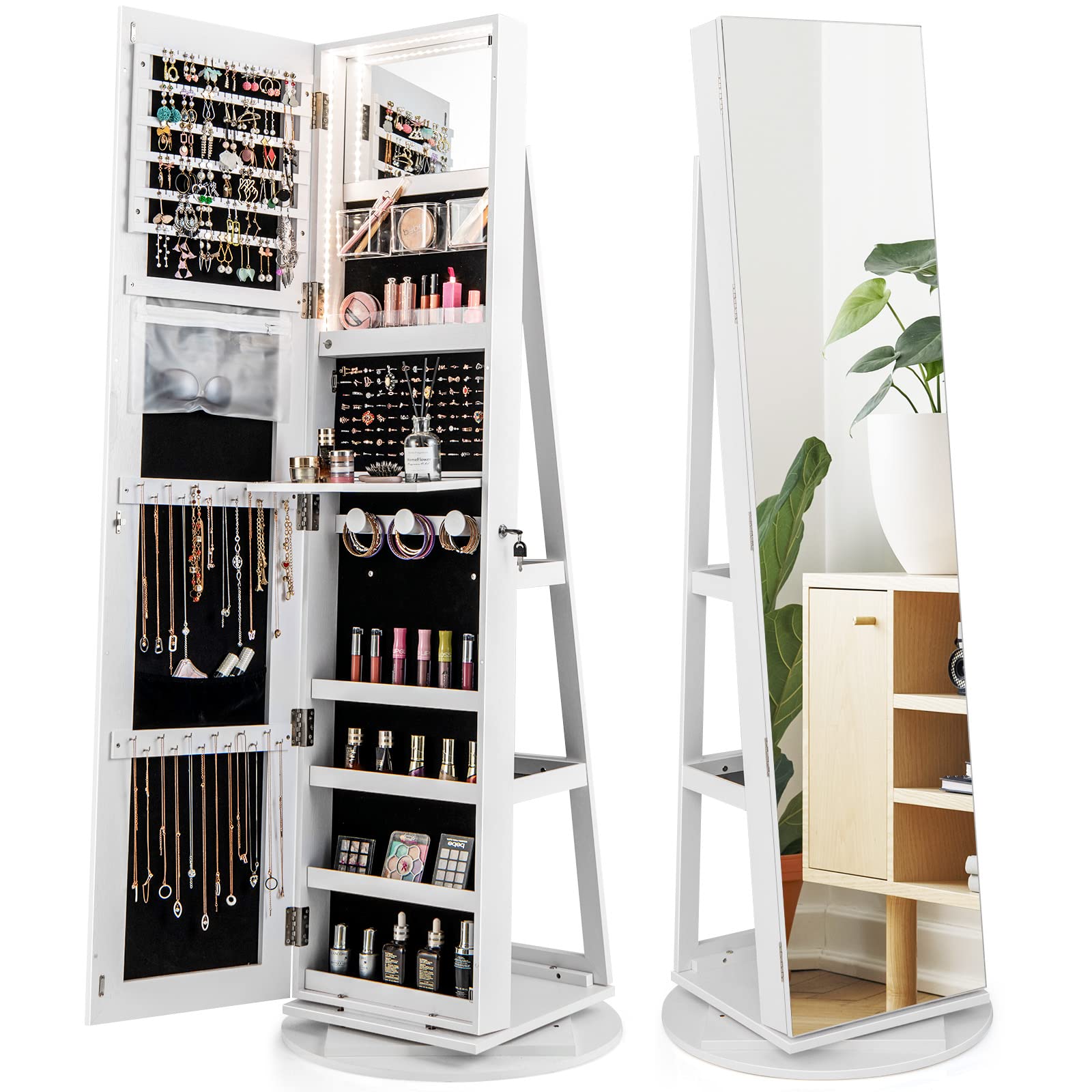 Charmaid 360° Swivel Jewelry Armoire with Full-Length Mirror - Lockable Standing Jewelry Cabinet Organizer with Interior Vanity Mirror, 3-Color LED Lights & Rear Storage Shelves (White) - Perfect for Bedroom, Closet & Dressing Room Organization
