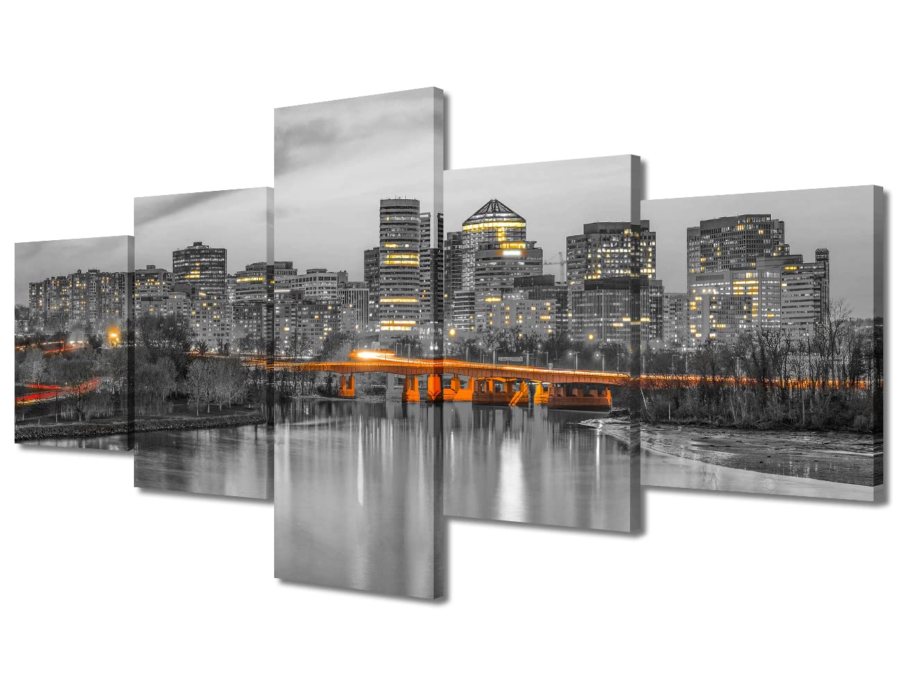Black and White Arlington Virginia Skyline Wall Art - 5 Piece Framed Canvas Prints (50''W x 24''H) - Modern Home Decor for Living Room & Bedroom - Perfect for Office, Apartment, and Urban Style Interiors