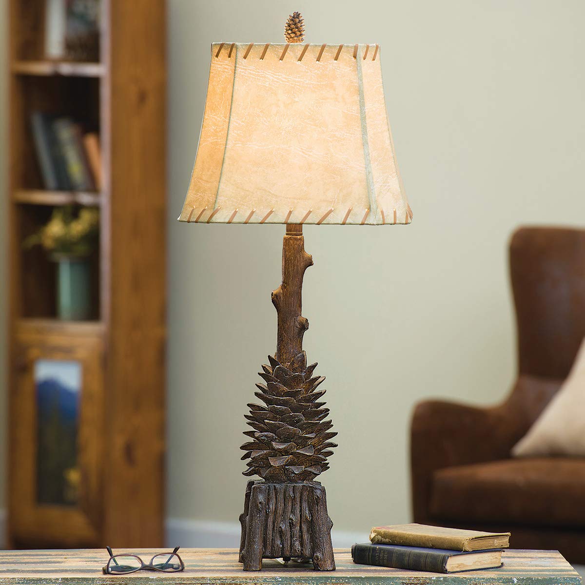 Black Forest Decor Pinecone Point Table Lamp - Rustic Wooden Nightstand Light for Bedroom, Living Room, or Office - Cozy Home Lighting Decor
