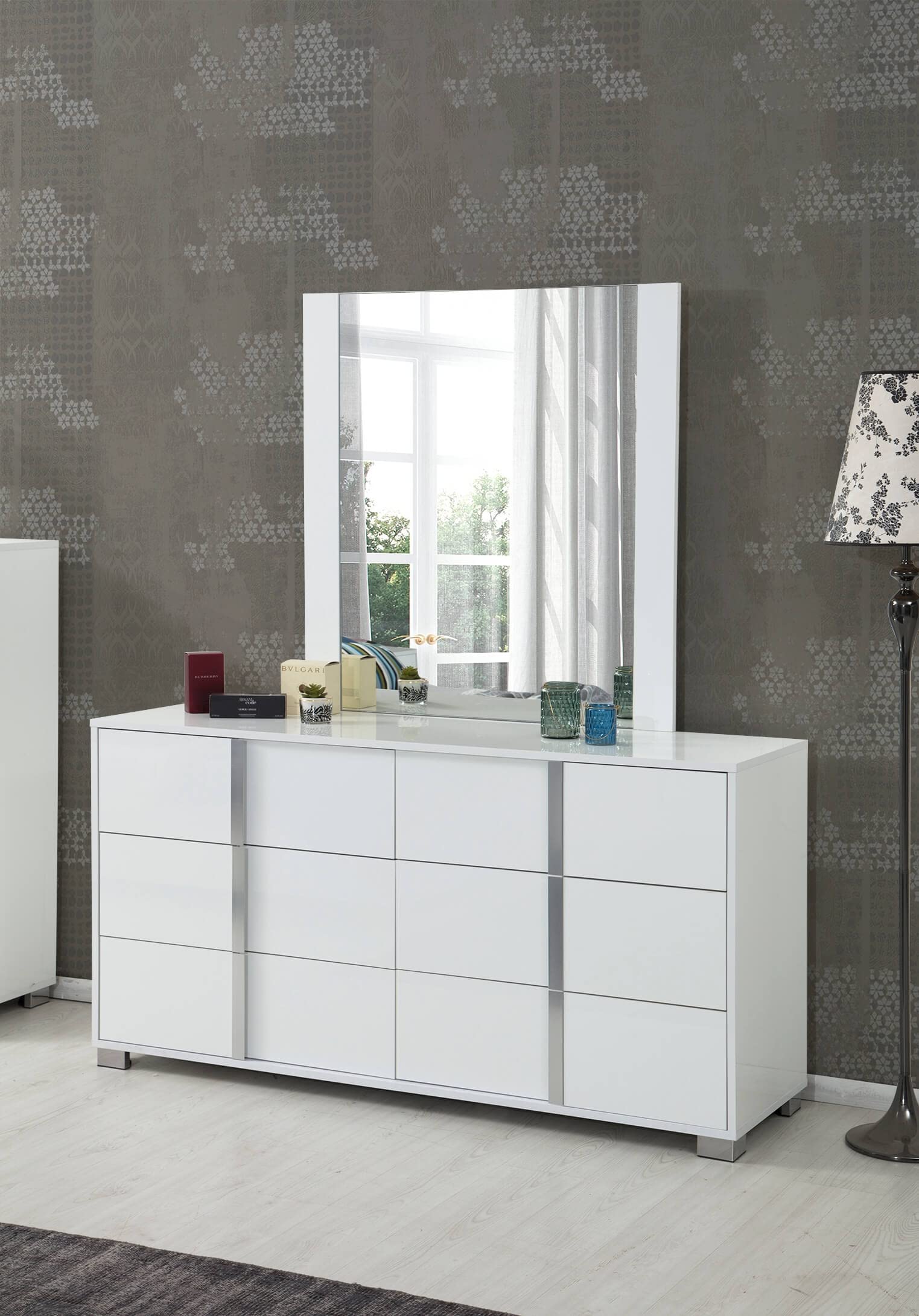 White Roma Glossy Dresser with Mirror - Modern Bedroom Dresser with Large Storage Drawers & Full-Length Mirror for Bedroom, Closet, or Dressing Area