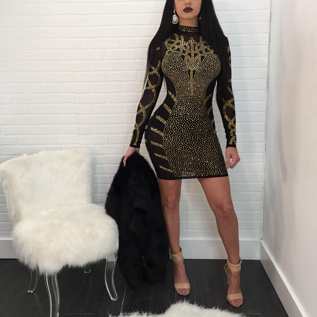 GLUDEAR Women's Sexy Sparkling Diamond Long Sleeve Bodycon Dress for Birthday Party, Club Night, Evening Events & Special Occasions