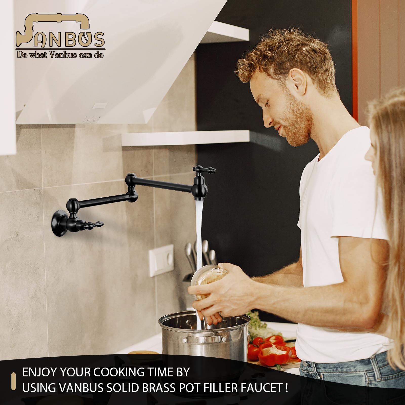 Vintage Matte Black Dual Valve Wall Mount Pot Filler Faucet with Two Handles & Adjustable Swing Arms - Perfect for Kitchen, Restaurant, and Commercial Cooking Areas