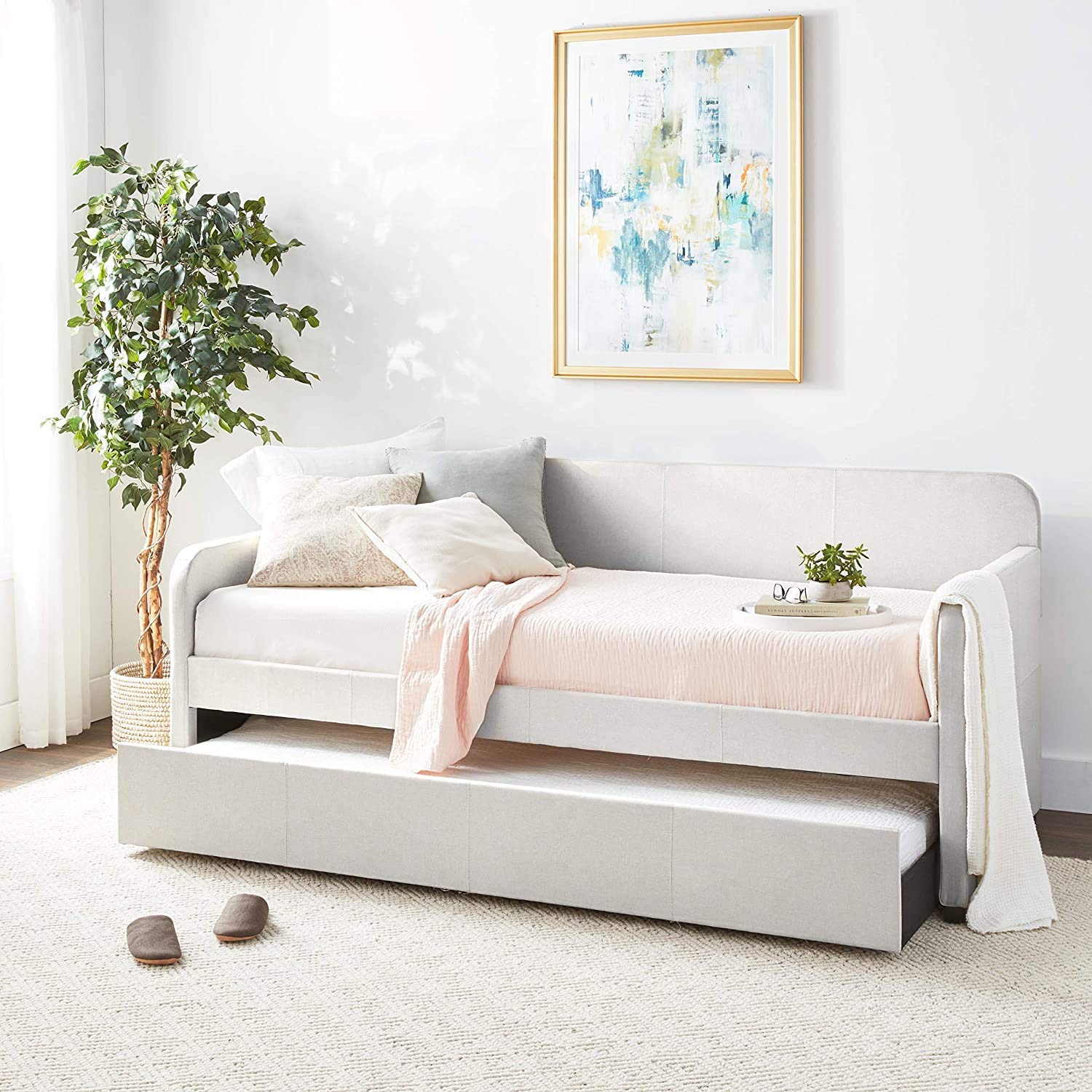 RUNNA Modern Fabric Twin Size Upholstered Daybed with Trundle - Sturdy Wood Frame & Slat Support - No Box Spring Needed - Perfect for Kids, Teens & Adults (Fog Fabric) - Ideal for Guest Rooms, Dormitories & Small Spaces