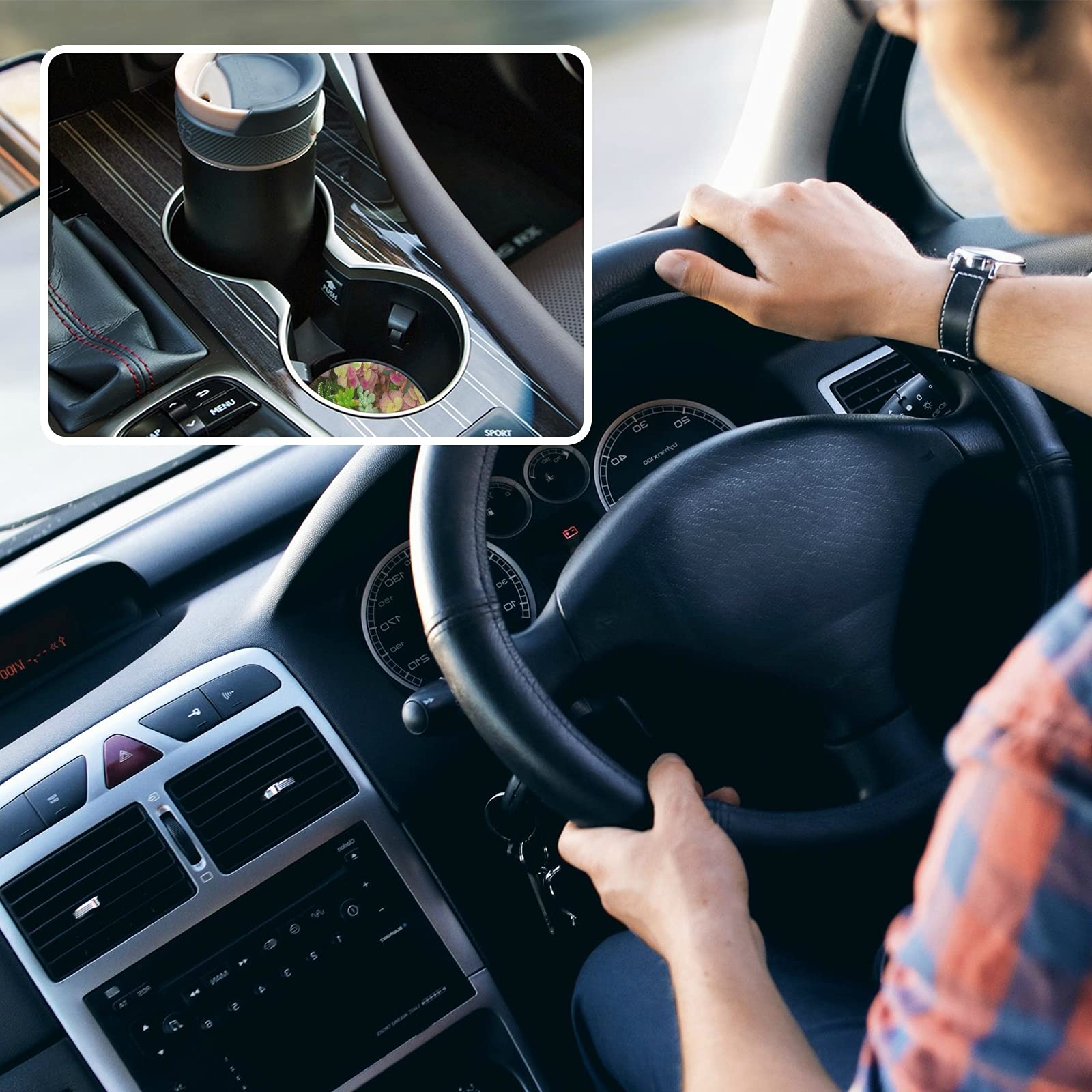 2 Pack Miniature Succulents Car Coasters - Absorbent Ceramic Cup Holder Coasters with Fingertip Grip, 2.5 Inch - Perfect for Cars, Trucks, and RVs