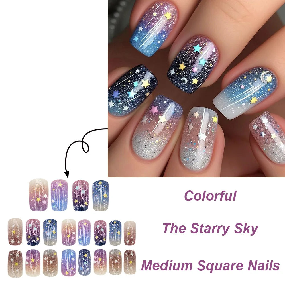 24Pcs Colorful Starry Sky Press on Nails - Full Cover Square Fake Nails with Dreamy Moon & Meteor Designs | Detachable Nail Tips for Women | Perfect for Parties, Date Nights & Special Occasions