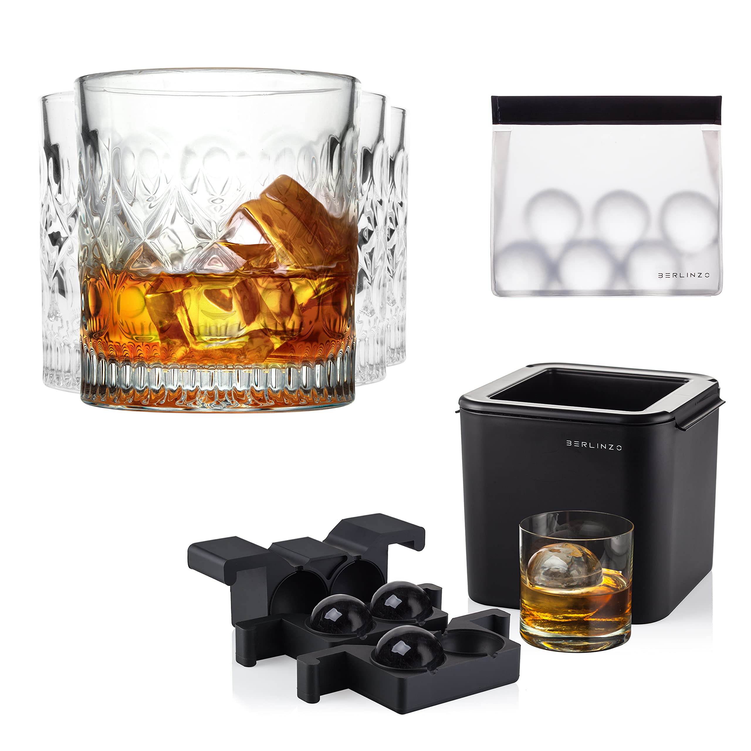 BERLINZO Premium Clear Ice Ball Maker Mold with 4 Whiskey Glasses Set - 2.4 Inch Large Ice Sphere Maker for Bourbon, Scotch & Cocktails - Perfect Home Bar Accessories for Entertaining & Gifting (Gift Box Included) - Ideal for Whiskey Tasting Parties, Romantic Dinners & Man Cave Decor