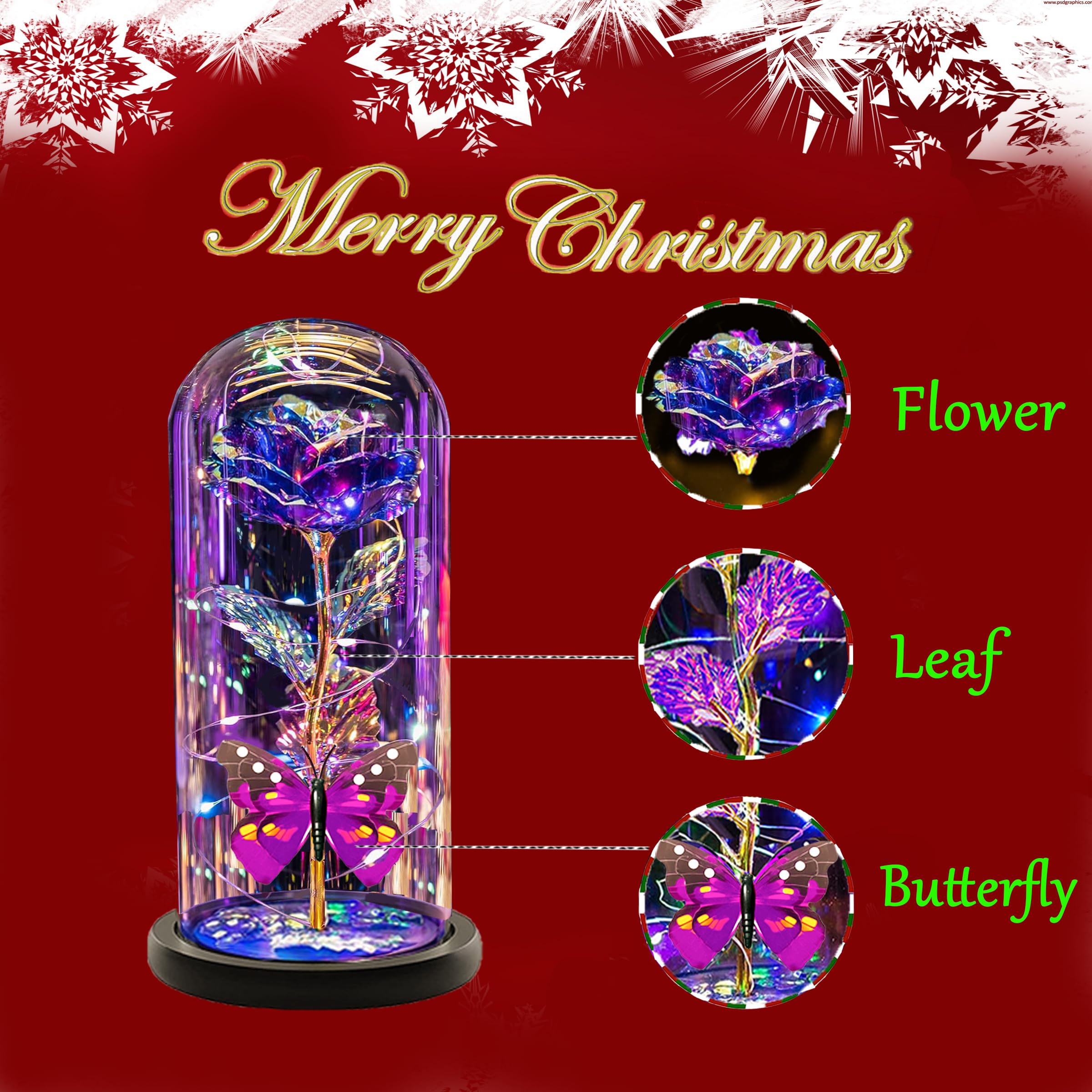 Galaxy Crystal Light Up Purple Rose in Glass Dome - Elegant Birthday Gift for Her, Mom, Grandma, Sister, Wife & Girlfriend | Romantic Home Decor, Anniversary Present & Special Occasion Gift Idea