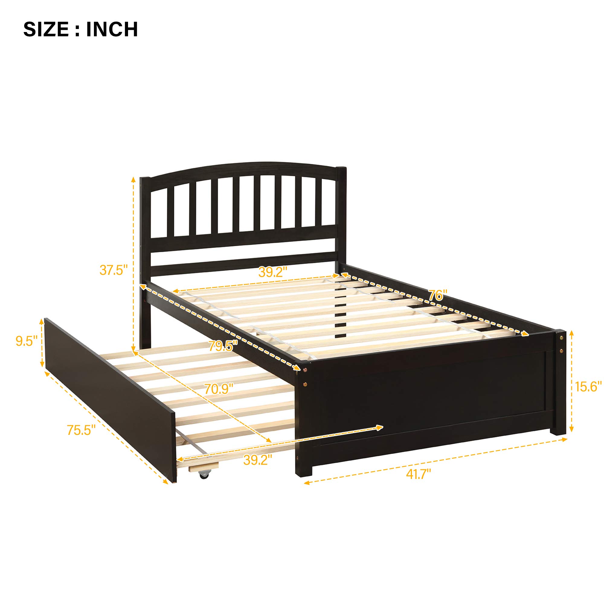Merax Twin Size Wooden Platform Bed Frame with Trundle Headboard - No Box Spring Needed - Espresso Finish - Perfect for Kids Rooms, Guest Beds & Small Spaces