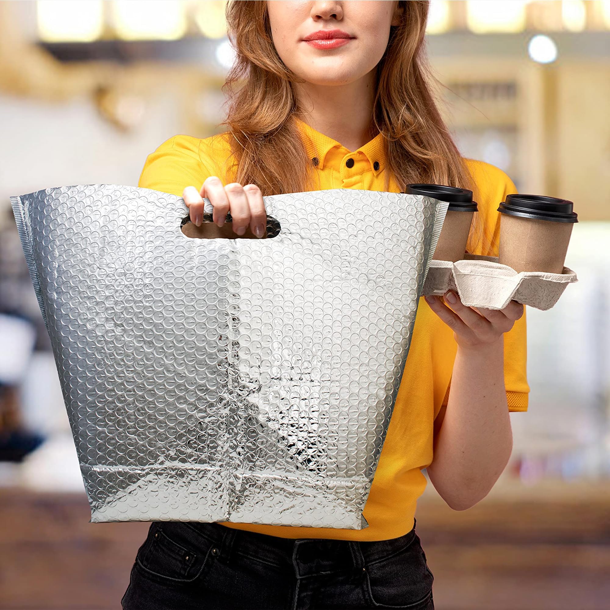 APQ Insulated Foil Bags with Handles - 11x8.5x5.5 Inches, 50 Pack Thermal Shipping Bags for Frozen Food, Cosmetics & Perishables | Bubble Cushion Lined, Metallized Foil Insulation | Perfect for Meal Prep, Grocery Delivery & Cold Storage