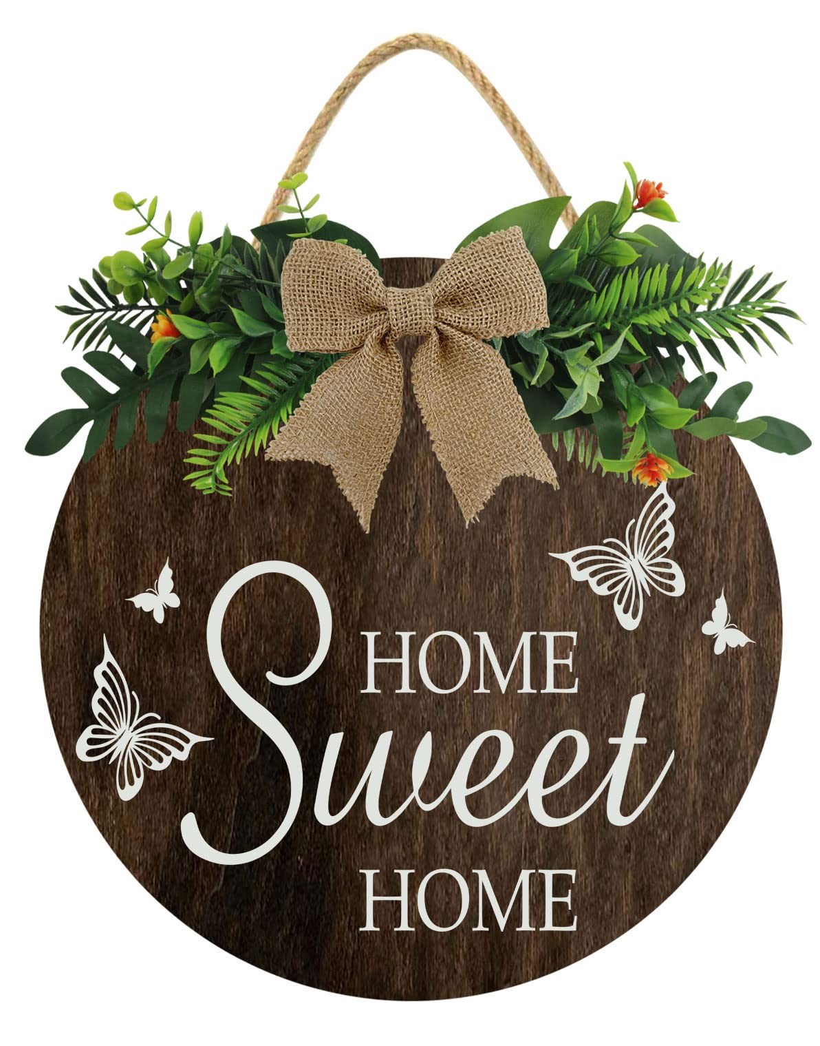 Farmhouse Style 'Home Sweet Home' Wooden Hanging Sign - 11x11 Rustic Round Door Decor with Greenery for Porch, Indoor & Outdoor - Perfect Housewarming Gift for Cozy Home Decor