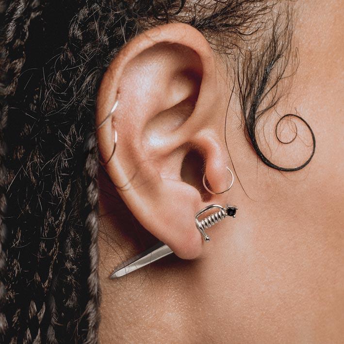 Black Spinel Short Dagger Single Earring in Sterling Silver - Gothic Punk Jewelry for Women, Perfect for Parties, Concerts & Alternative Fashion