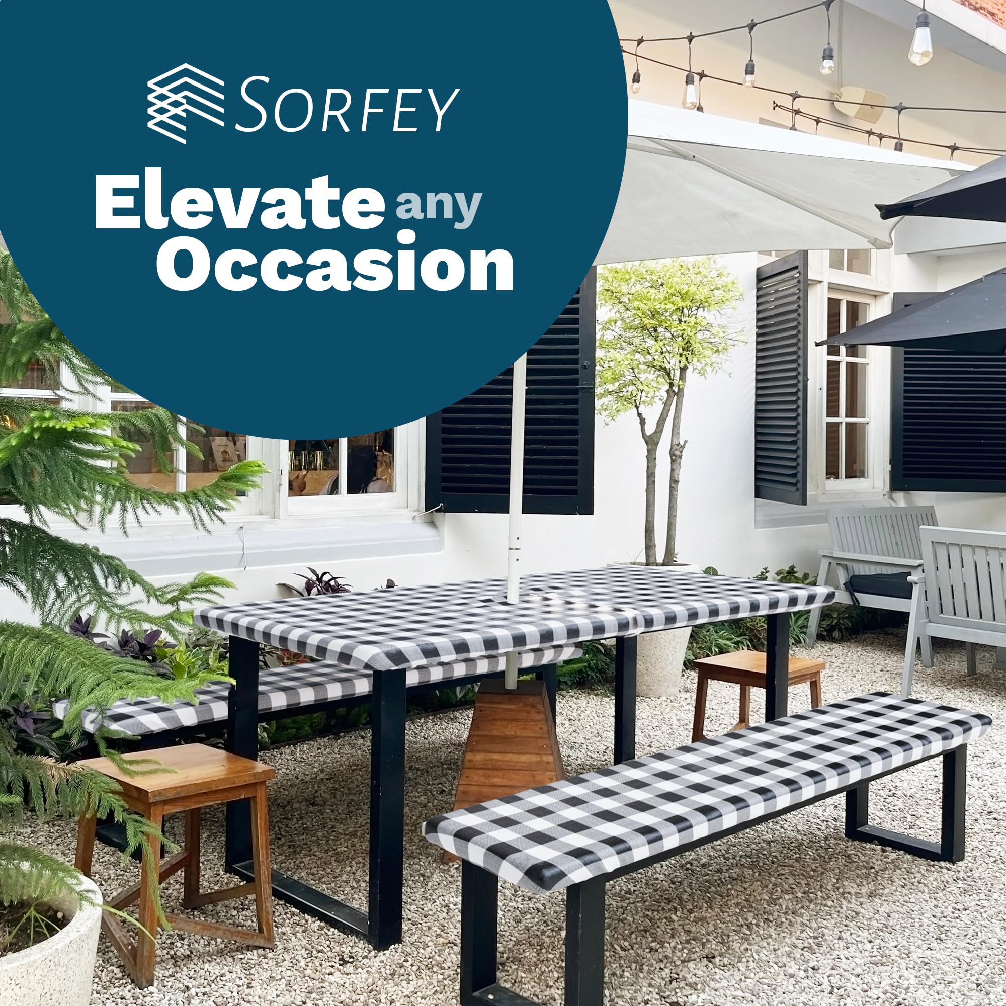 Sorfey 30x72 Inch Vinyl Umbrella Picnic Table and Bench Set with Checkered Flannel-Backed Tablecloth Cover - 3-Piece Outdoor Dining Set for Patio, Backyard, Camping (Red)