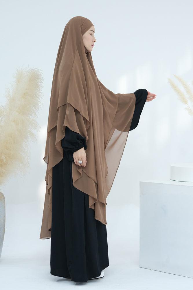 Extra Long Khaki Two Layer Chiffon Khimar Scarf - Elegant Muslim Prayer Shawl for Women, Perfect for Eid, Ramadan & Special Occasions - Lightweight & Breathable Hijab for Daily Wear & Formal Events