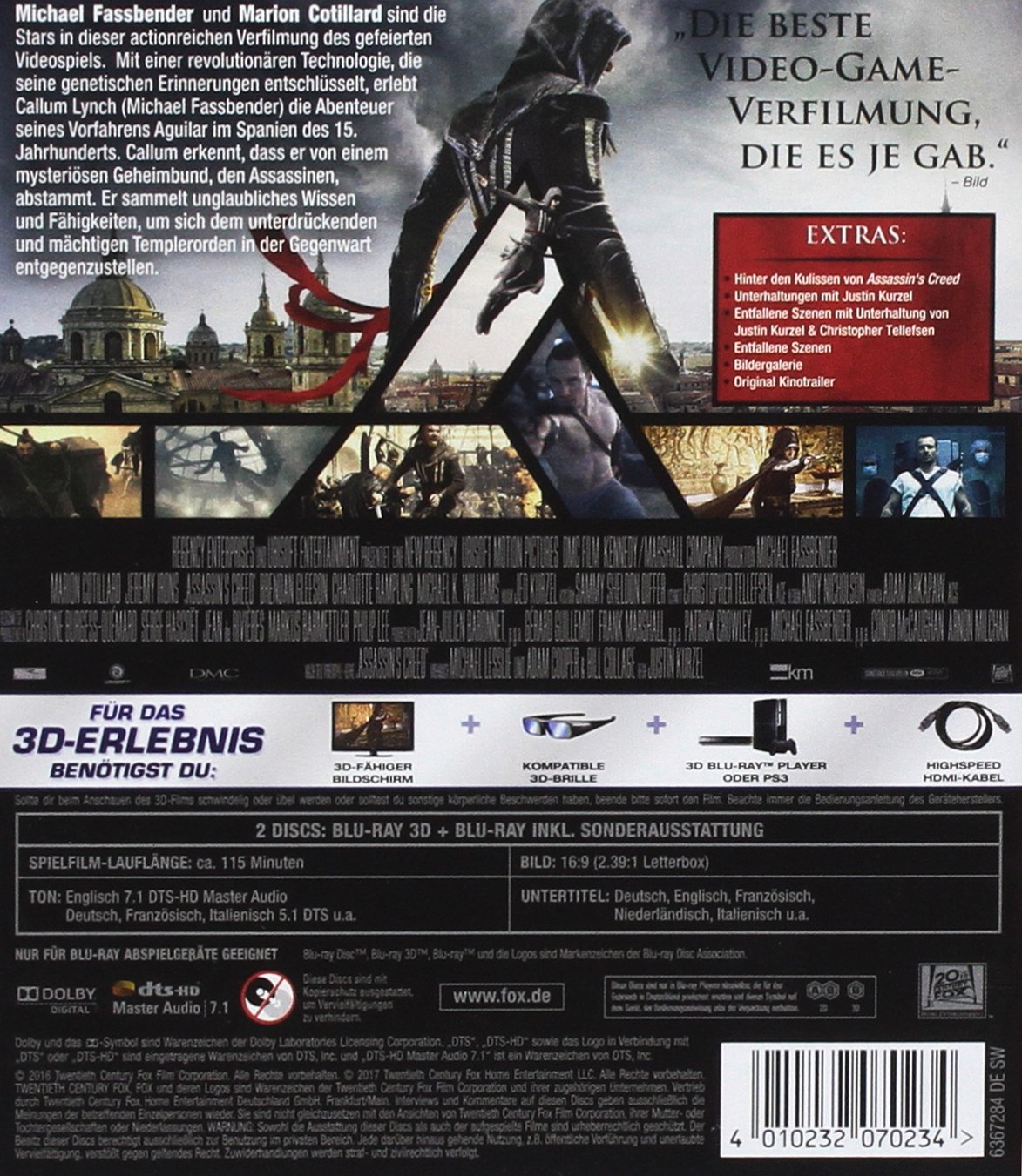 Assassin's Creed (2016) Blu-Ray 3D & 2D Edition - Region B Import from Germany | Action Adventure Movie for Home Theater & Gaming Fans