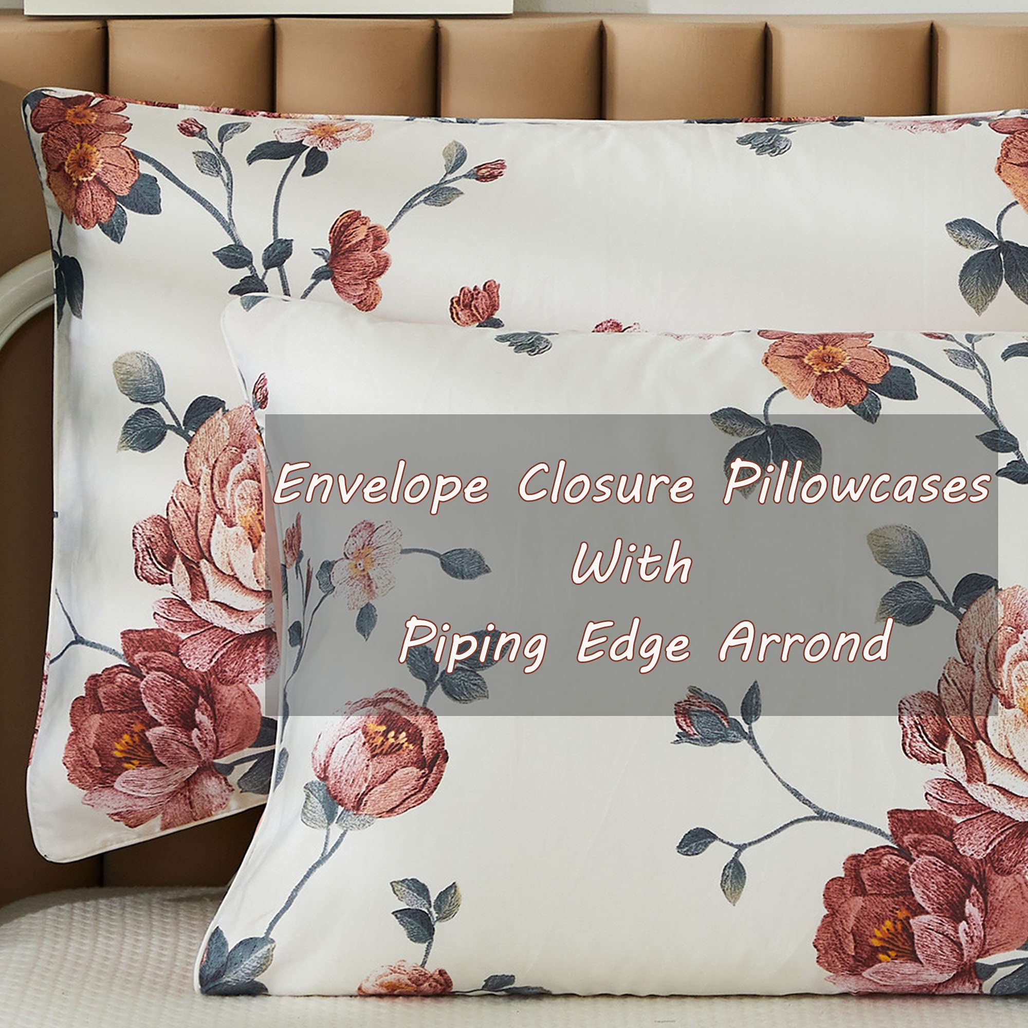 FADFAY 7-Piece Shabby Chic Beige Peony Floral Duvet Cover Set - King Size (1 Duvet Cover, 1 Flat Sheet, 1 Fitted Sheet, 4 Pillowcases) - Elegant Bedding for Master Bedroom, Guest Room & Luxury Hotel Decor