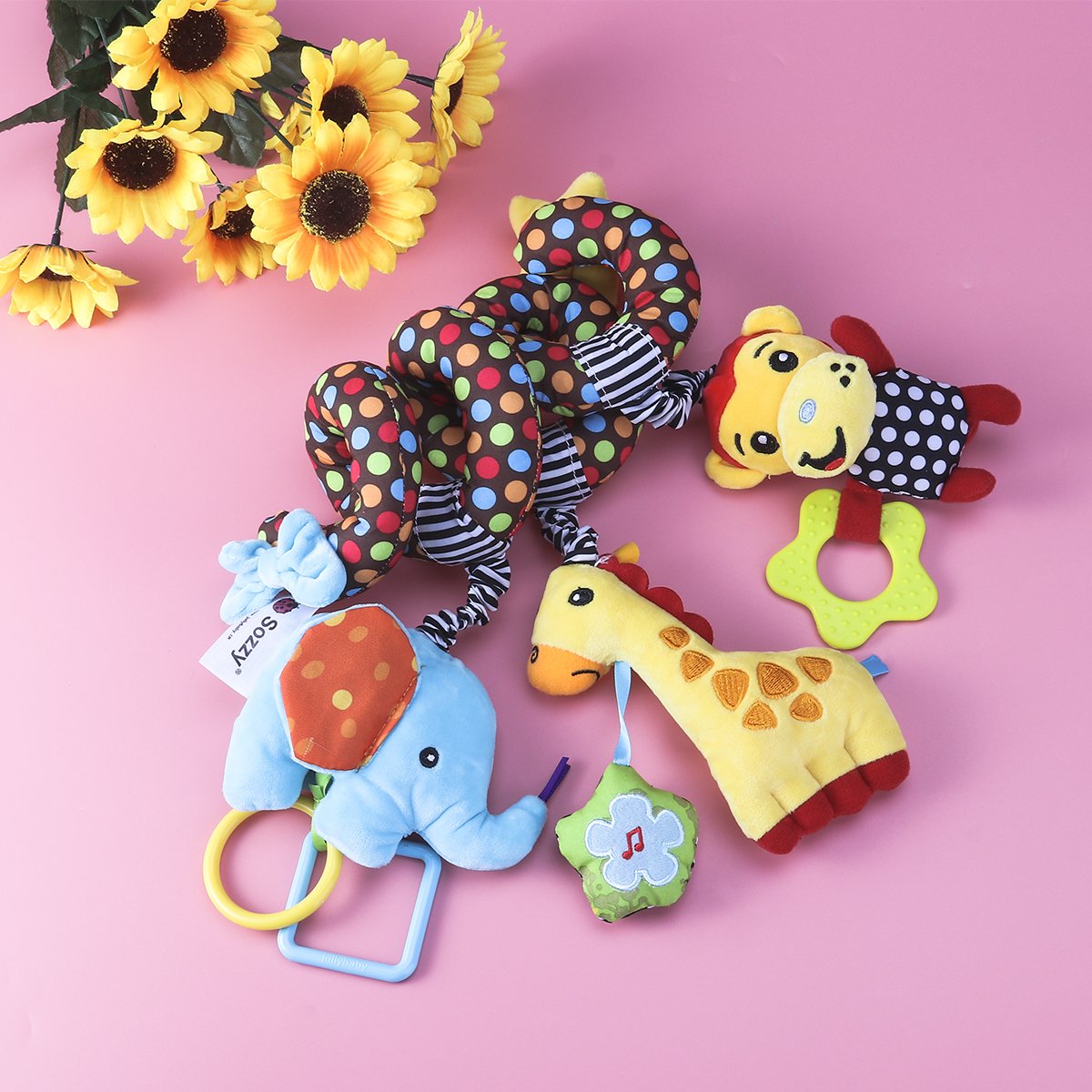 TOYMYTOY Spiral Stroller Toy for Babies - Soft Plush Monkey & Elephant with Rattles, Educational Sensory Toy for Infants 0-12 Months - Perfect for Crib, Stroller & Playtime