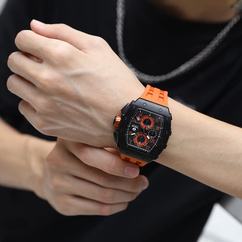 TSAR BOMBA Luxury Men's Watch - 50M Waterproof Tonneau Chronograph with Japanese Quartz Movement & Silicone Band - Perfect for Business, Casual & Outdoor Activities - Ideal Gift for Men