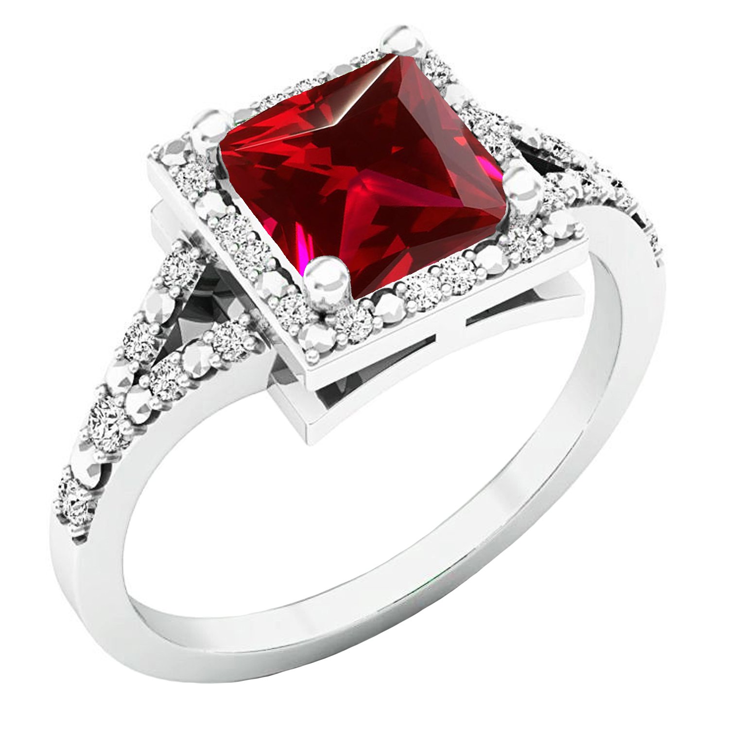 Dazzlingrock 6mm Princess Cut Lab-Created Gemstone & Round White Diamond Engagement Ring for Women - Sterling Silver - Perfect for Proposals, Anniversaries & Special Occasions