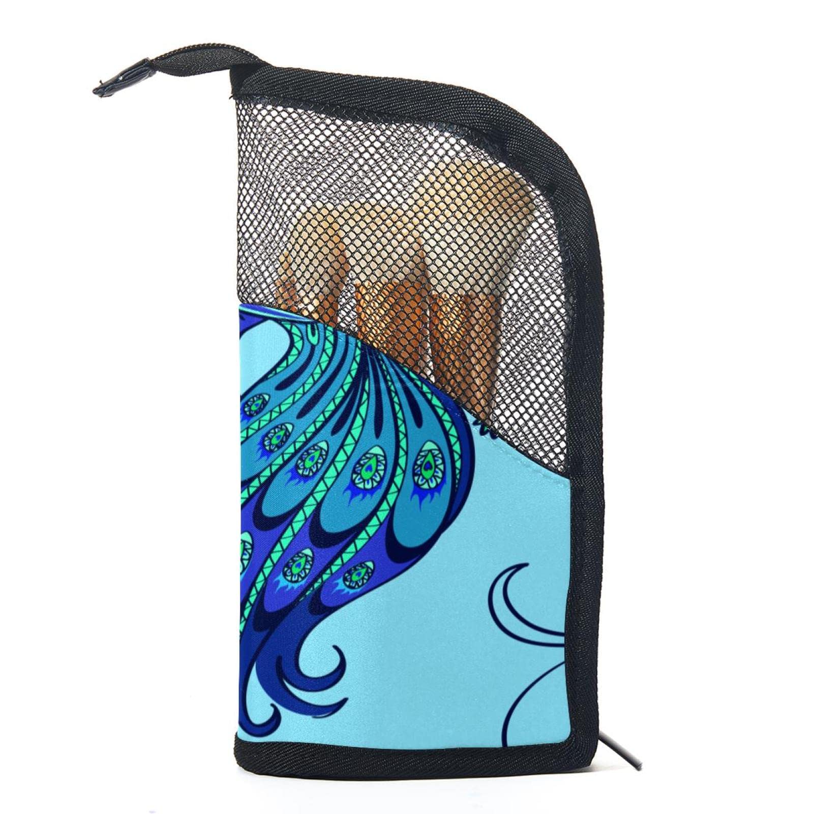 Premium Makeup Brush Organizer Bag with 12 Brushes - Blue Peacock Feather Design, Portable Cosmetic Brush Holder Case for Travel & Home Storage