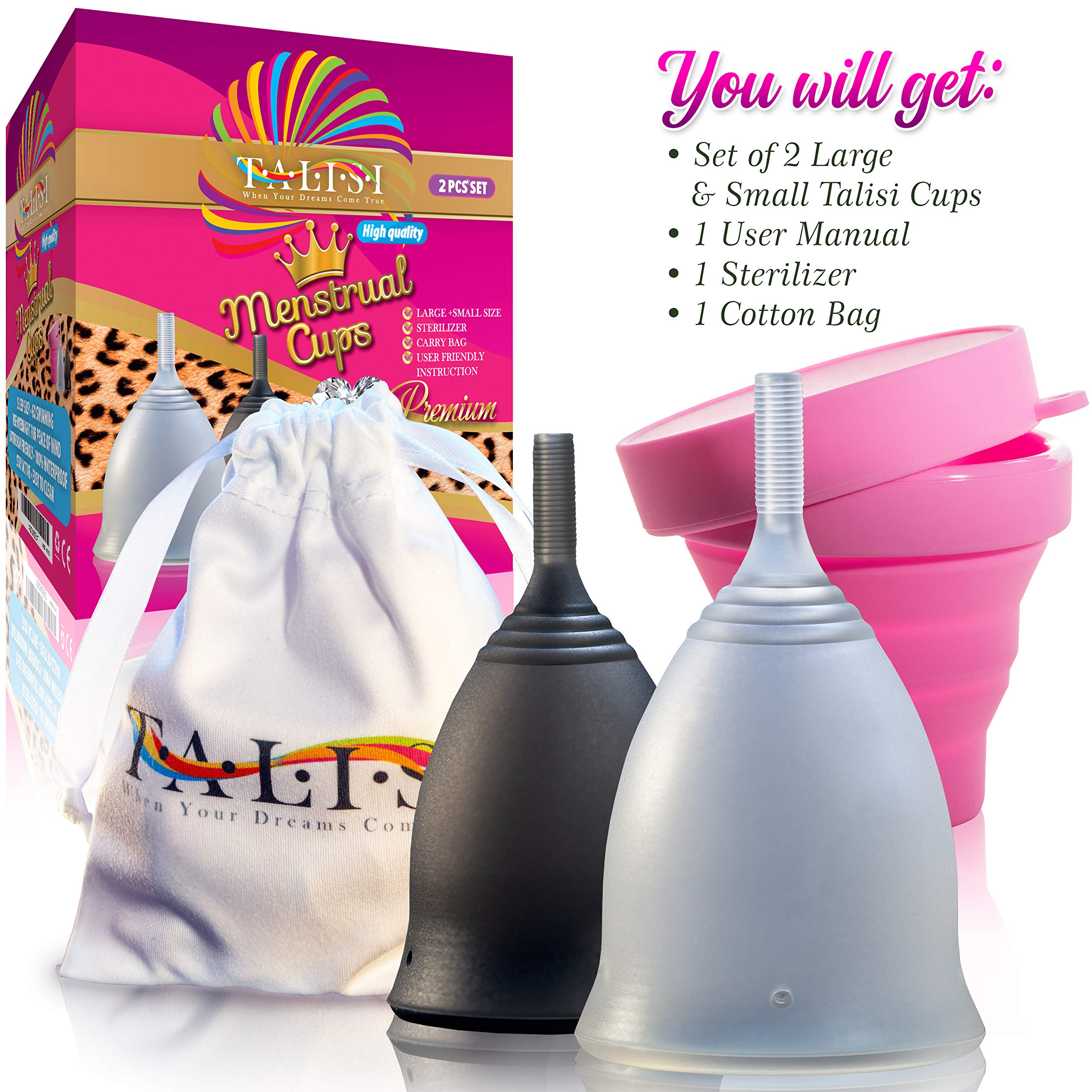 Talisi Reusable Soft Menstrual Cups Set of 2 for Women - Eco-Friendly Period Cup with Collapsible Case & Sterilizer - Regular & Heavy Flow Sizes - Alternative to Tampons & Pads - Perfect for Travel, Sports & Active Lifestyles