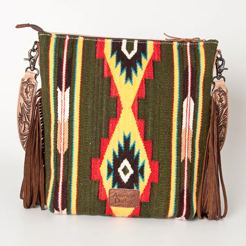 Handcrafted Green Aztec Leather Crossbody Bag for Women - Boho Chic Tribal Purse with Tooled Detailing | Perfect for Festivals, Travel & Everyday Use